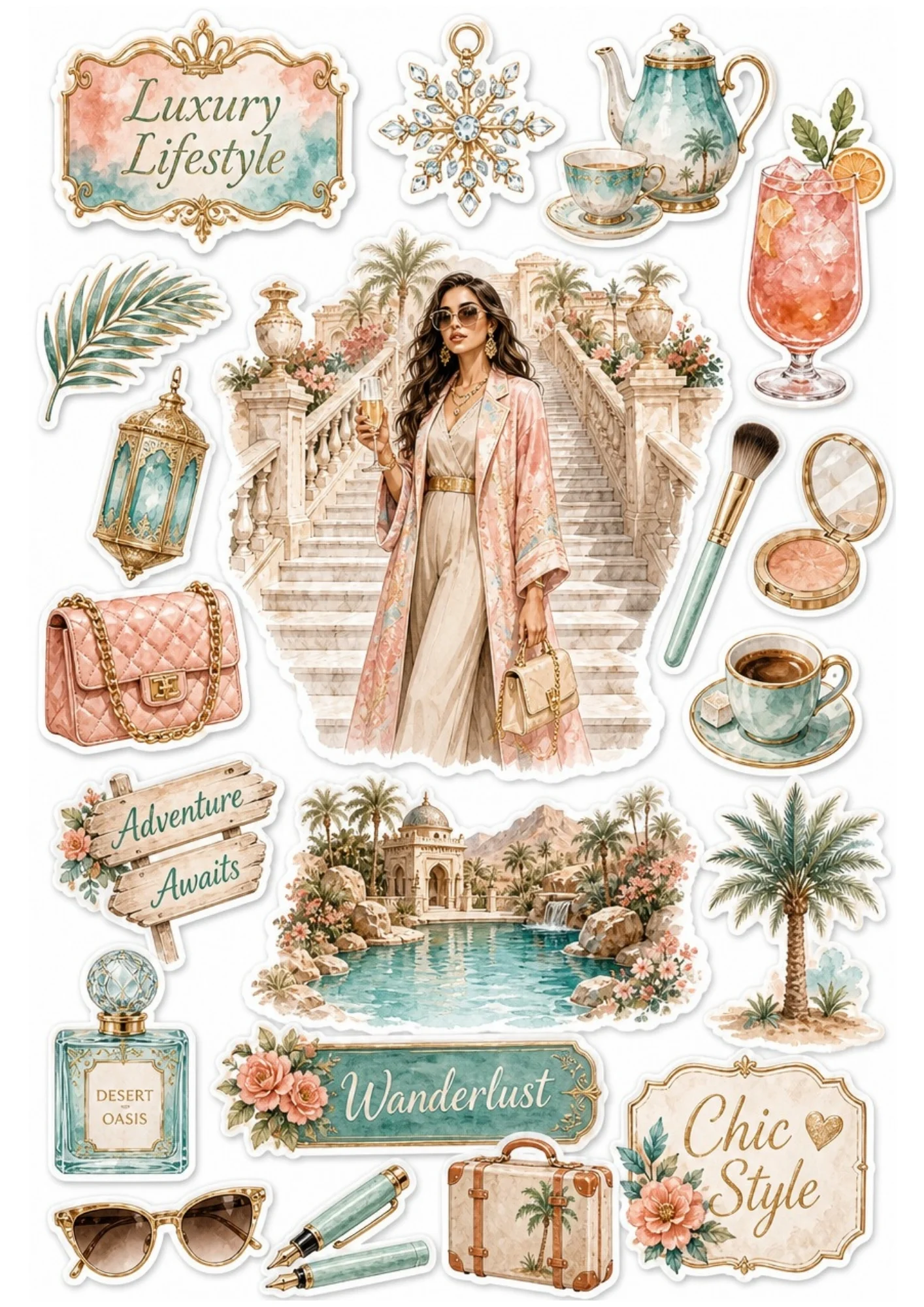 Printable sticker sheet with a woman in a pink duster coat on marble stairs holding champagne, turquoise teapot, powder compact, and palm oasis pool.