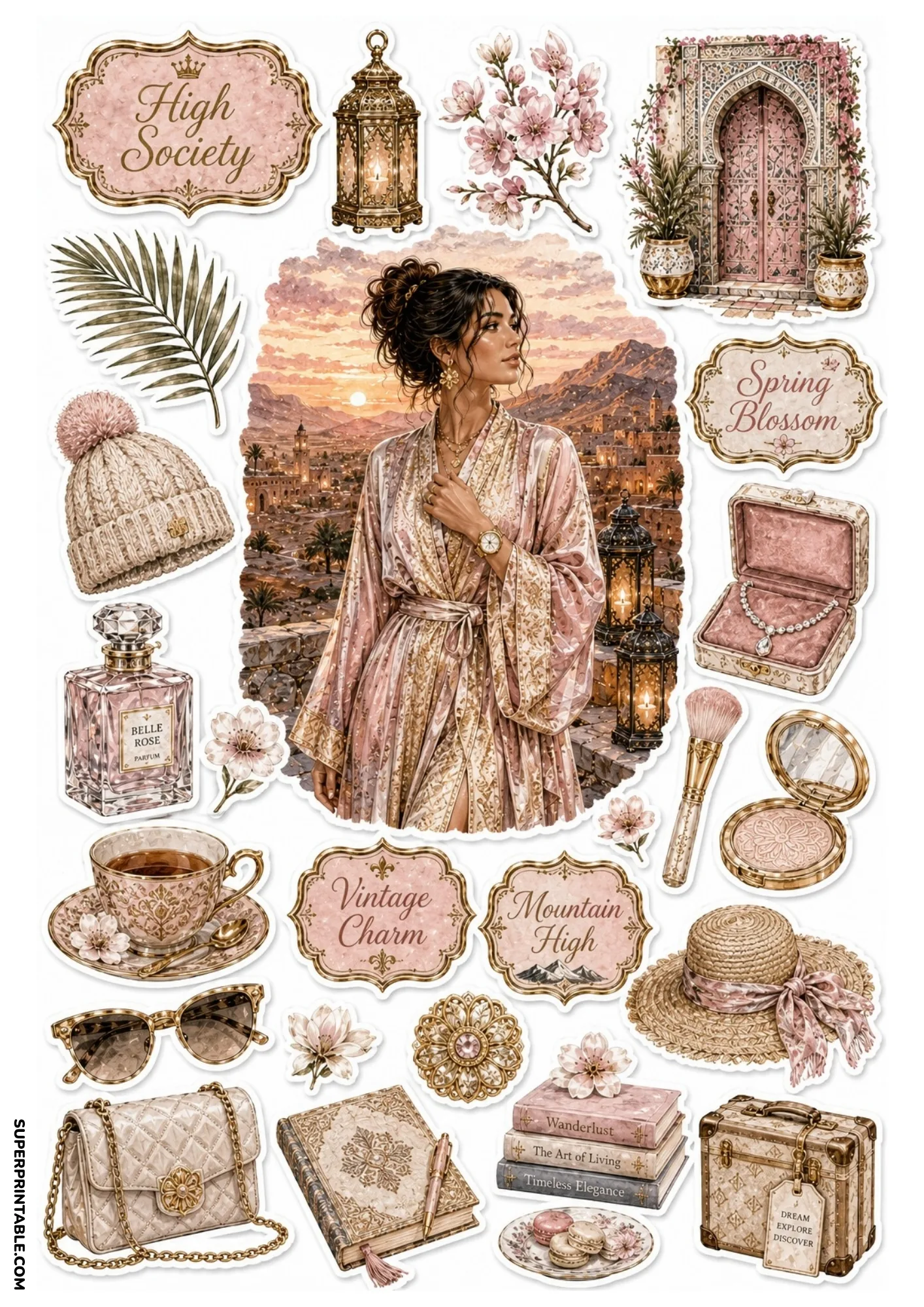 Blush pink aesthetic sticker sheet featuring a sunset desert balcony view, pink Moroccan doorway, vintage luggage, and cosmetics.