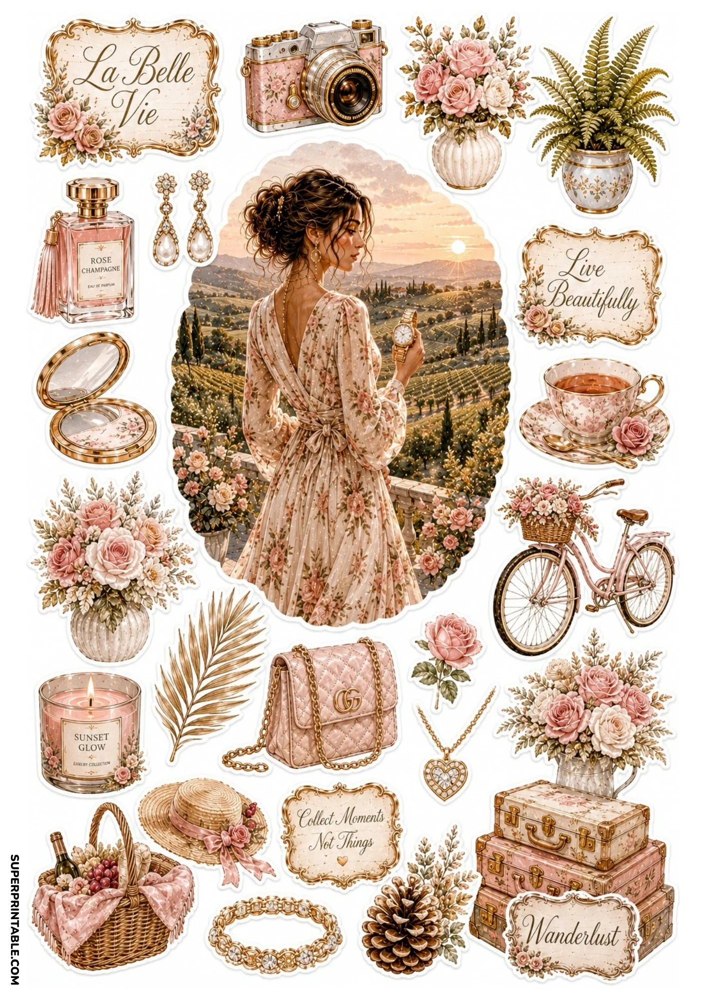 Printable sticker sheet showcasing a woman in a floral dress overlooking vineyard hills, accompanied by a pink bicycle, picnic basket, vintage pink camera, compact mirror, and luggage stack.