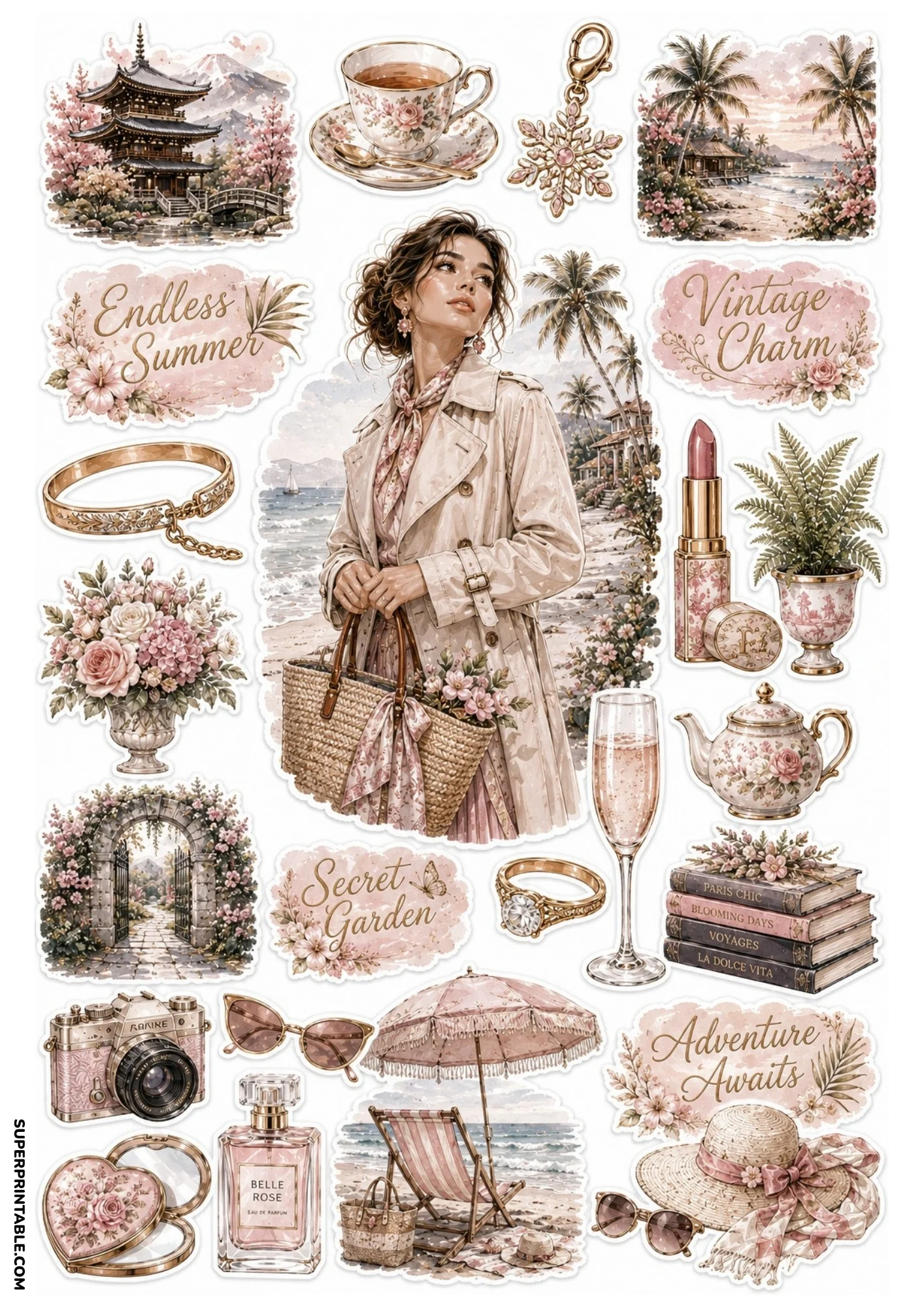 Blush pink sticker sheet depicting a Japanese pagoda with cherry blossoms, woman on a beach, rose bouquets, vintage camera, and straw sun hat.