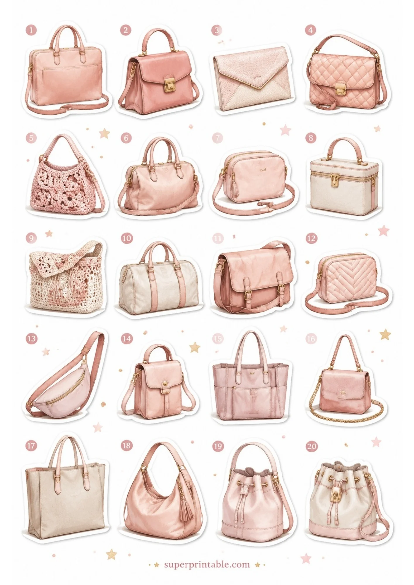 A collection of 20 blush pink handbag stickers on a single sheet, including quilted leather bags, top handle satchels, and crochet totes, numbered 1 to 20.