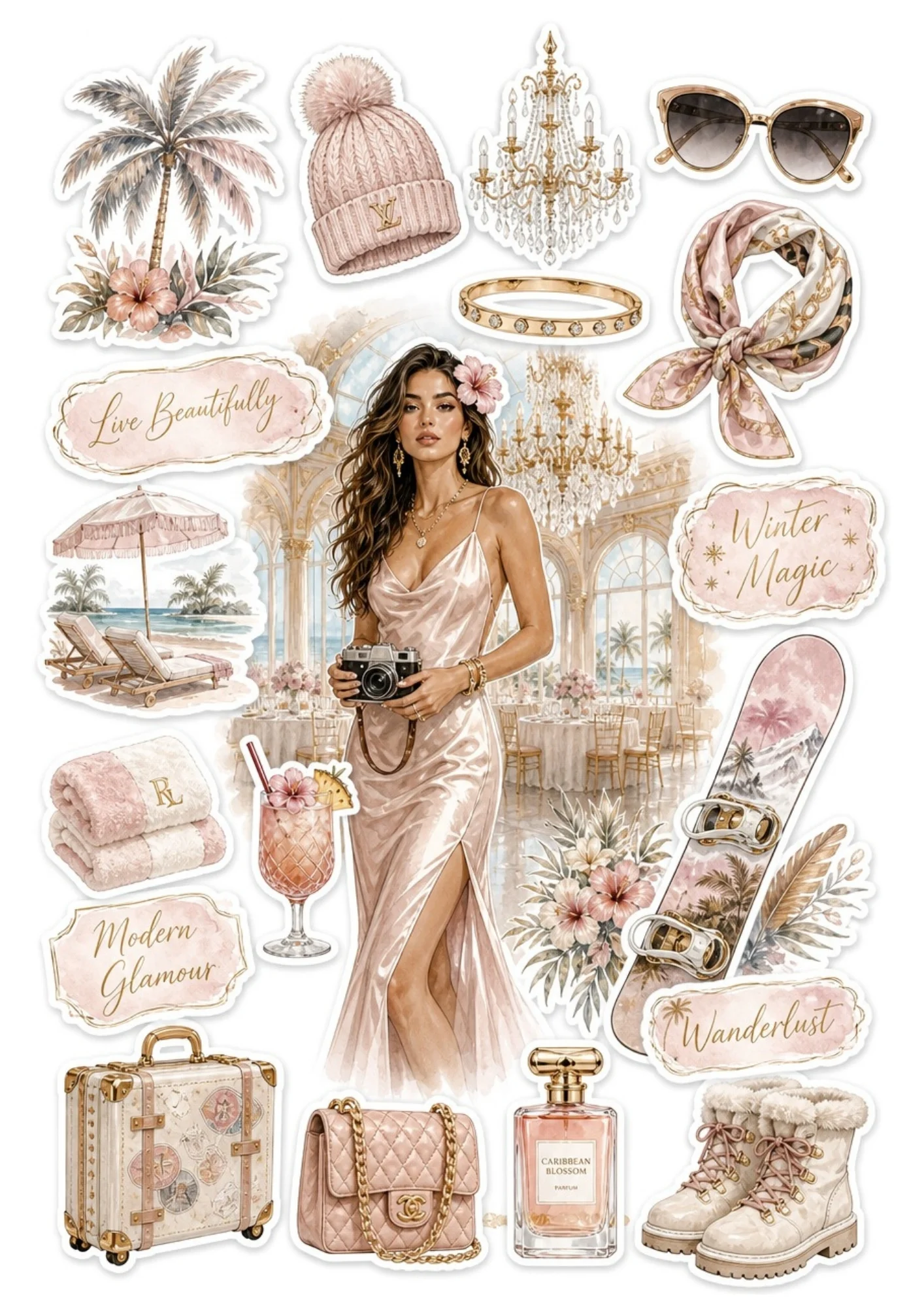 Printable sticker sheet featuring a woman in a pink silk dress holding a camera, surrounded by blush pink accessories including a vintage suitcase, handbag, perfume, and tropical decor.