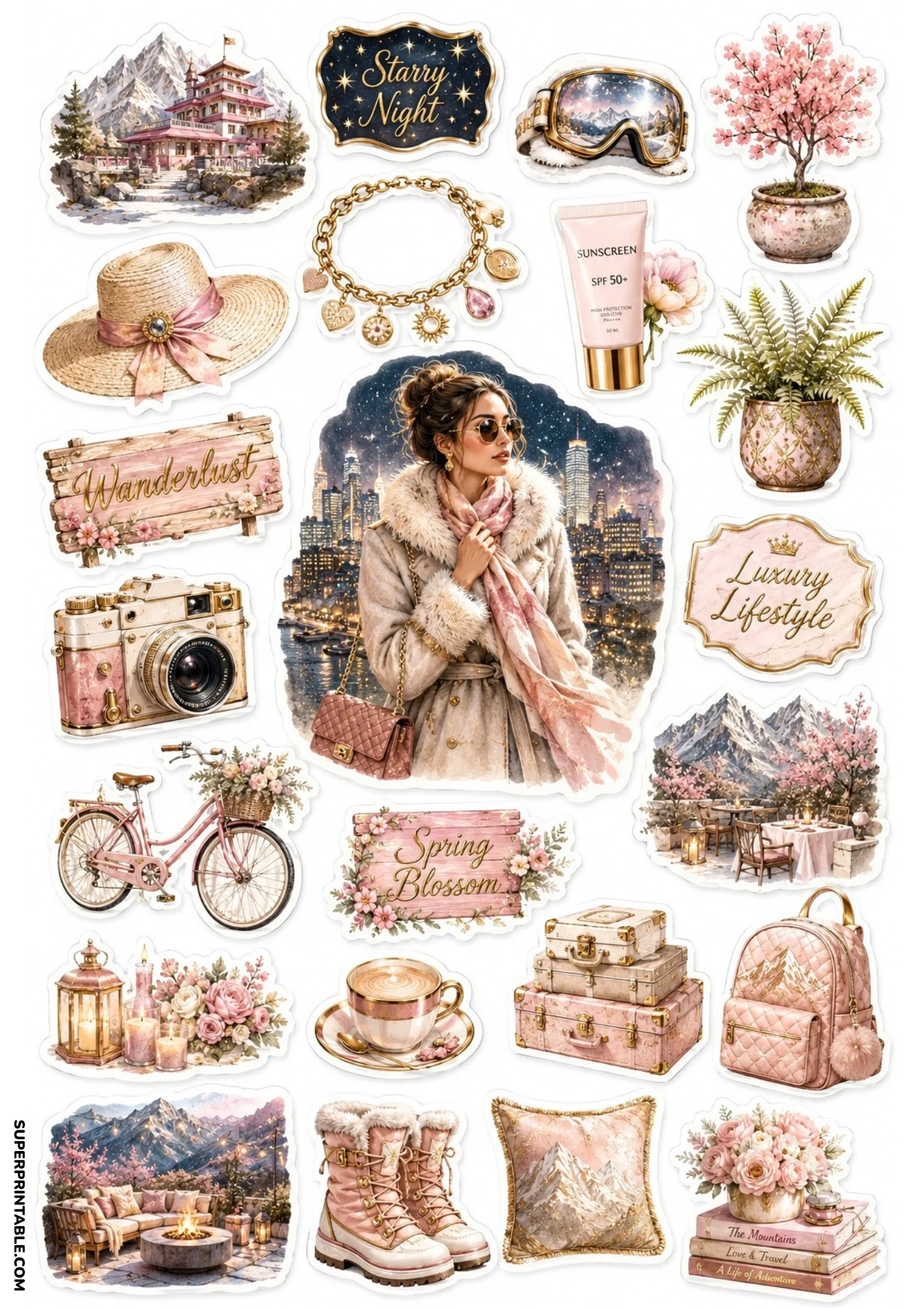 Sticker sheet featuring blush pink luxury mountain resort icons, including a woman in a fur coat, ski goggles, vintage camera, pink bicycle, luggage, and winter boots.