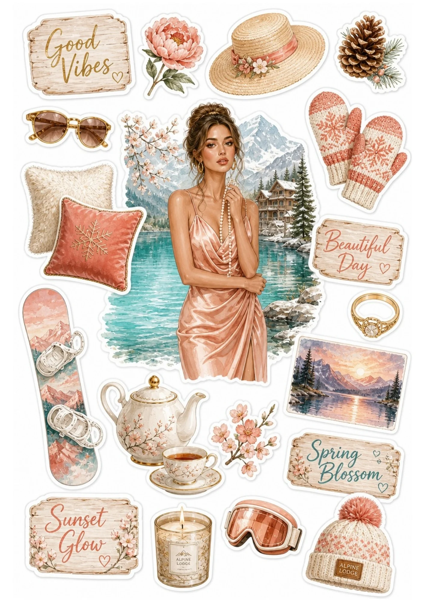A blush pink sticker sheet showing a woman in a satin dress by a mountain lake, porcelain teapot, mittens, and wooden snowboard.
