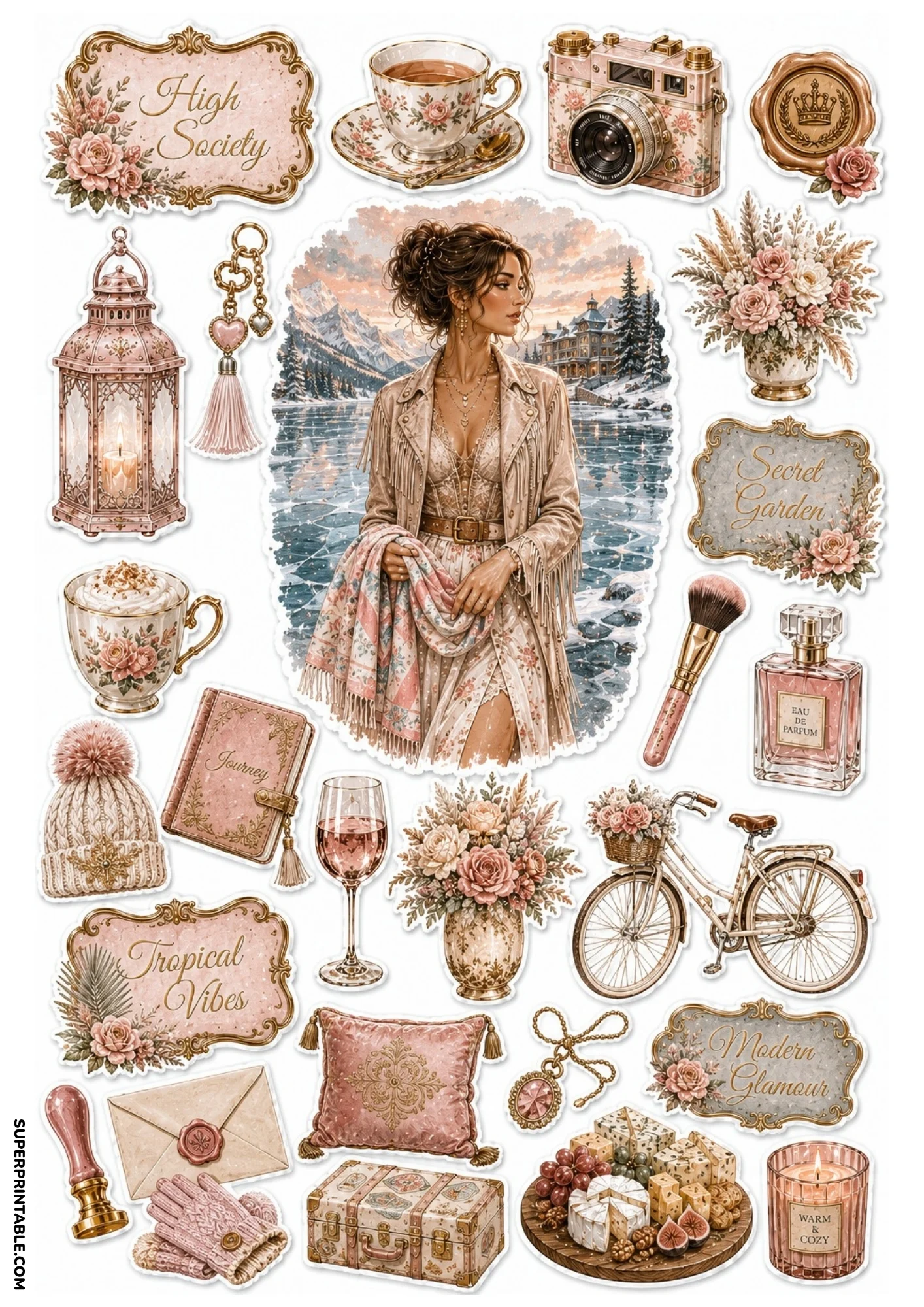 Blush pink sticker sheet showcasing a woman against snowy mountains, vintage bicycle, teacups, cozy mittens, and soft floral labels.