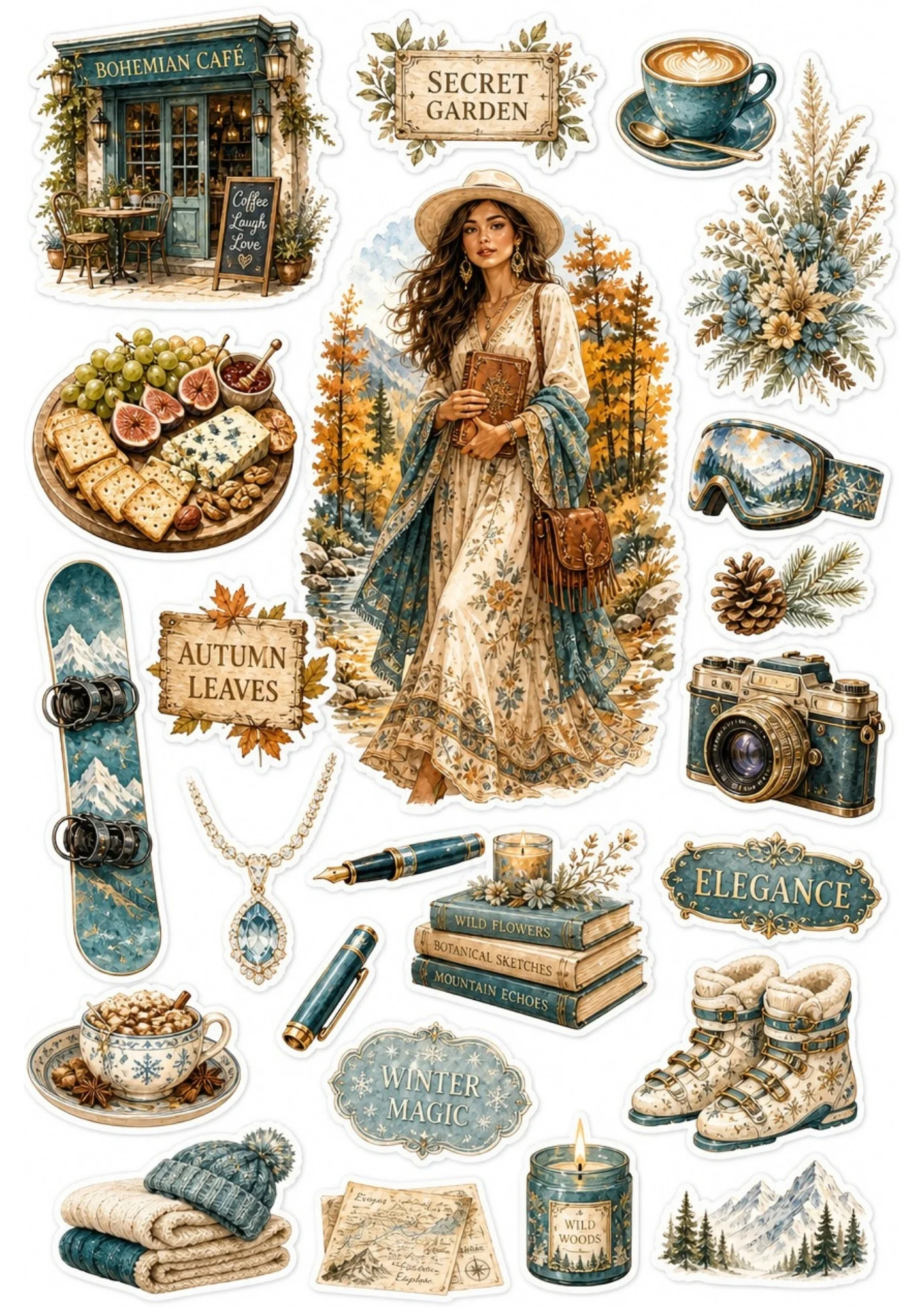 Sticker sheet featuring a woman in a floral shawl walking in autumn woods, framed by charcuterie cheese boards, coffee cups, books, and winter boots.