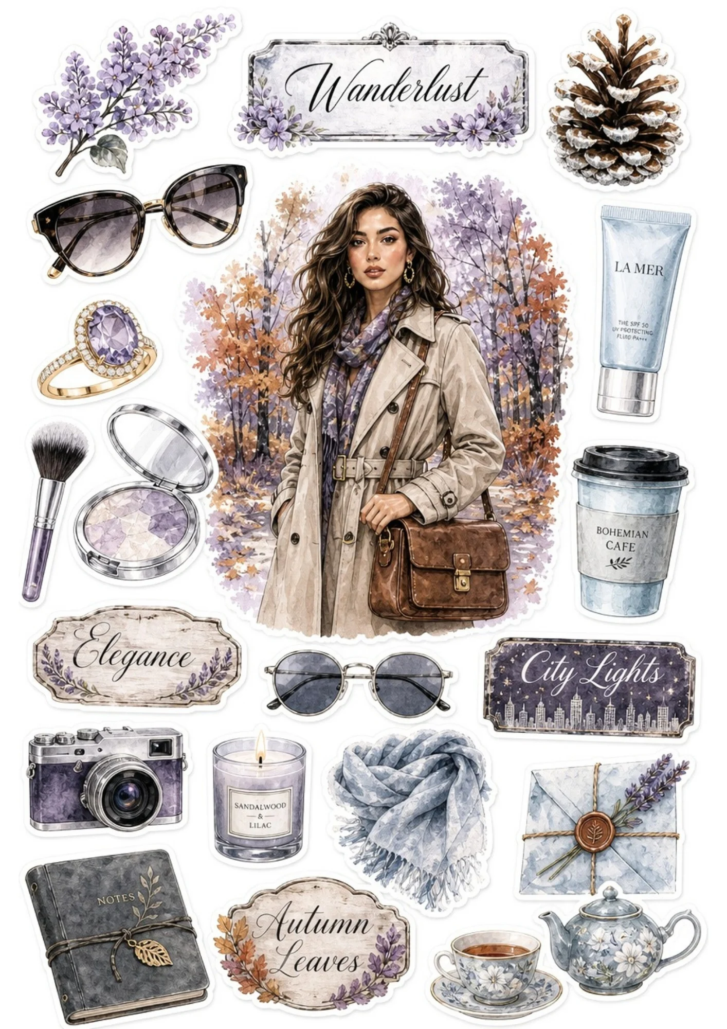 Sticker sheet centered on a woman in a beige trench coat strolling through autumn woods, with coffee cups, cameras, lilac blossoms, and winter scarves.