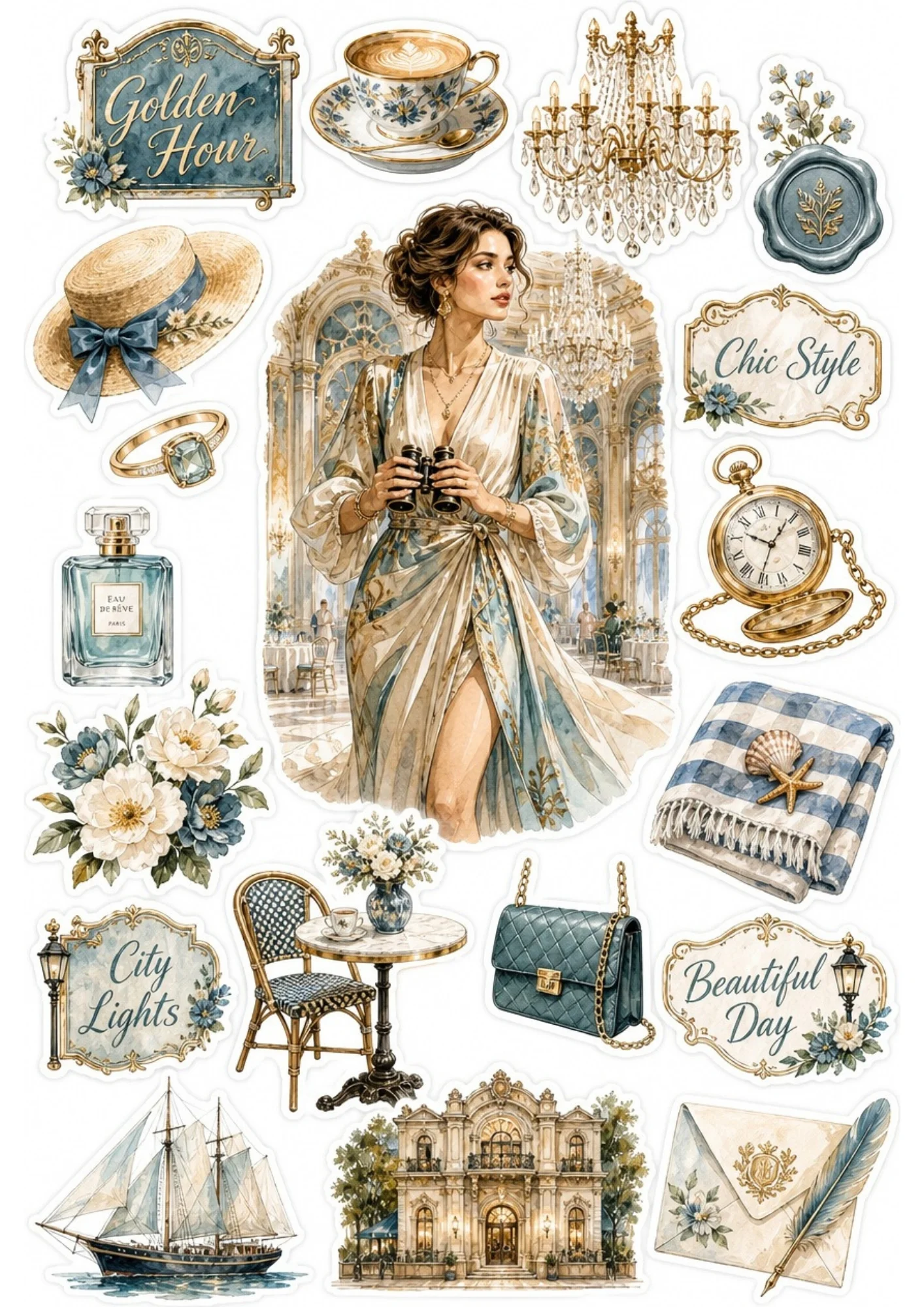 Sticker sheet displaying a woman holding binoculars inside a ballroom, surrounded by blue porcelain coffee cups, chandeliers, sailboats, and letter envelopes.