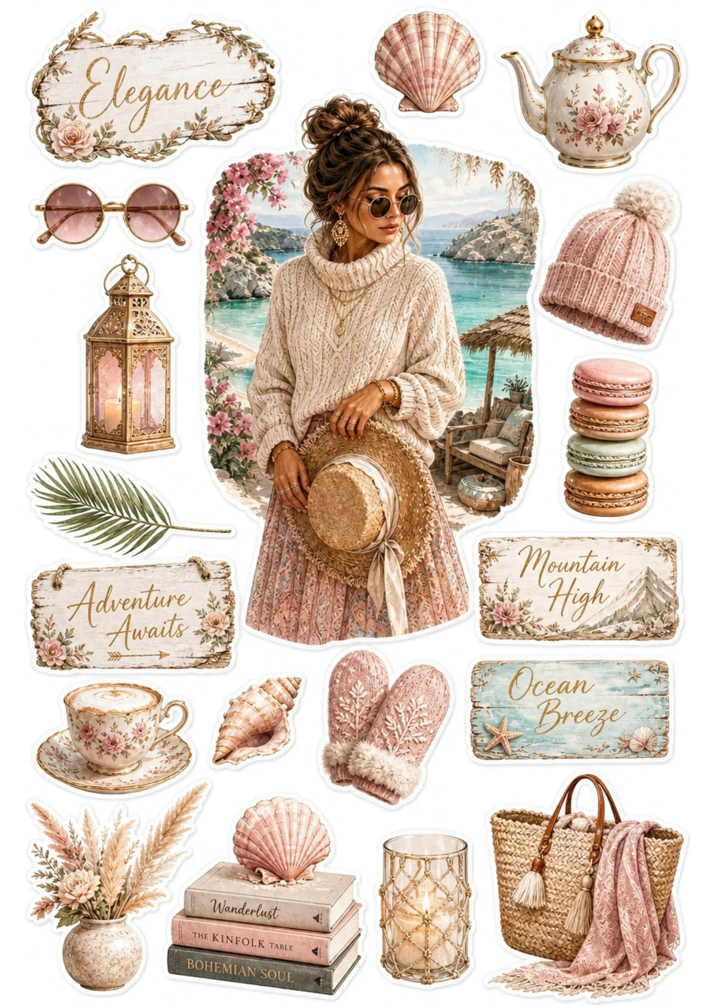 Sticker sheet depicting a woman in a cable knit sweater holding a straw hat on a shore, with pink macarons, teapots, pampas grass, and books.