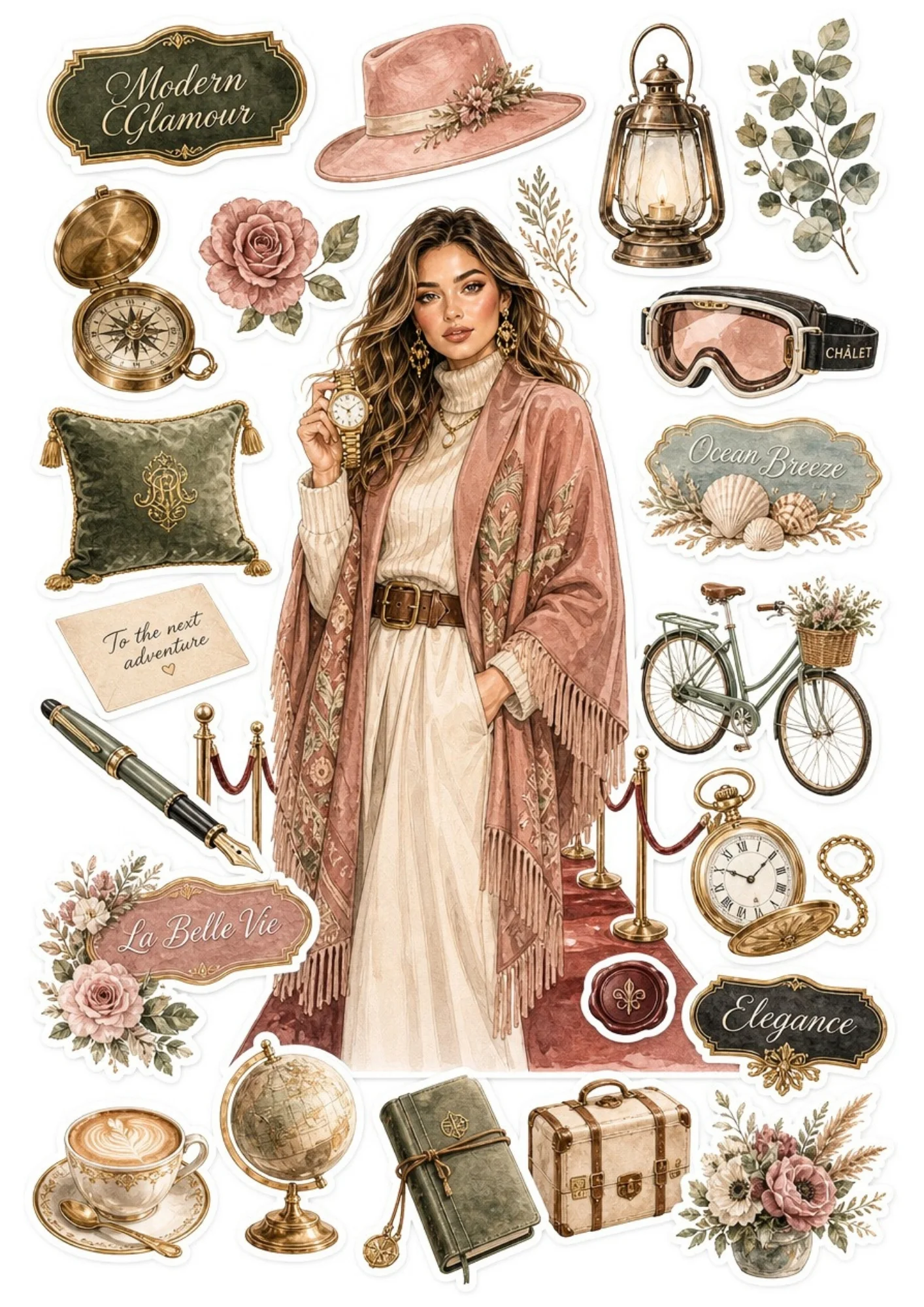 Sticker sheet depicting a woman in a dusty rose cardigan shawl surrounded by vintage globes, pocket watches, suitcases, fountain pens, and pink botanical elements.