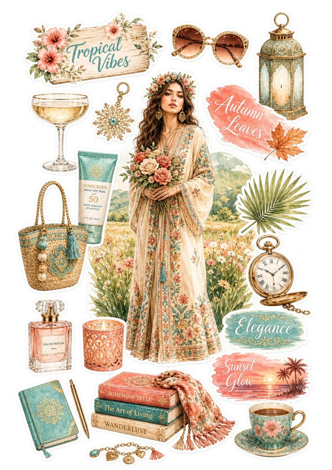 Sticker sheet featuring a woman in an embroidered cream kimono holding roses, alongside tea cups, stack of books, woven straw tote, and autumn leaf labels.
