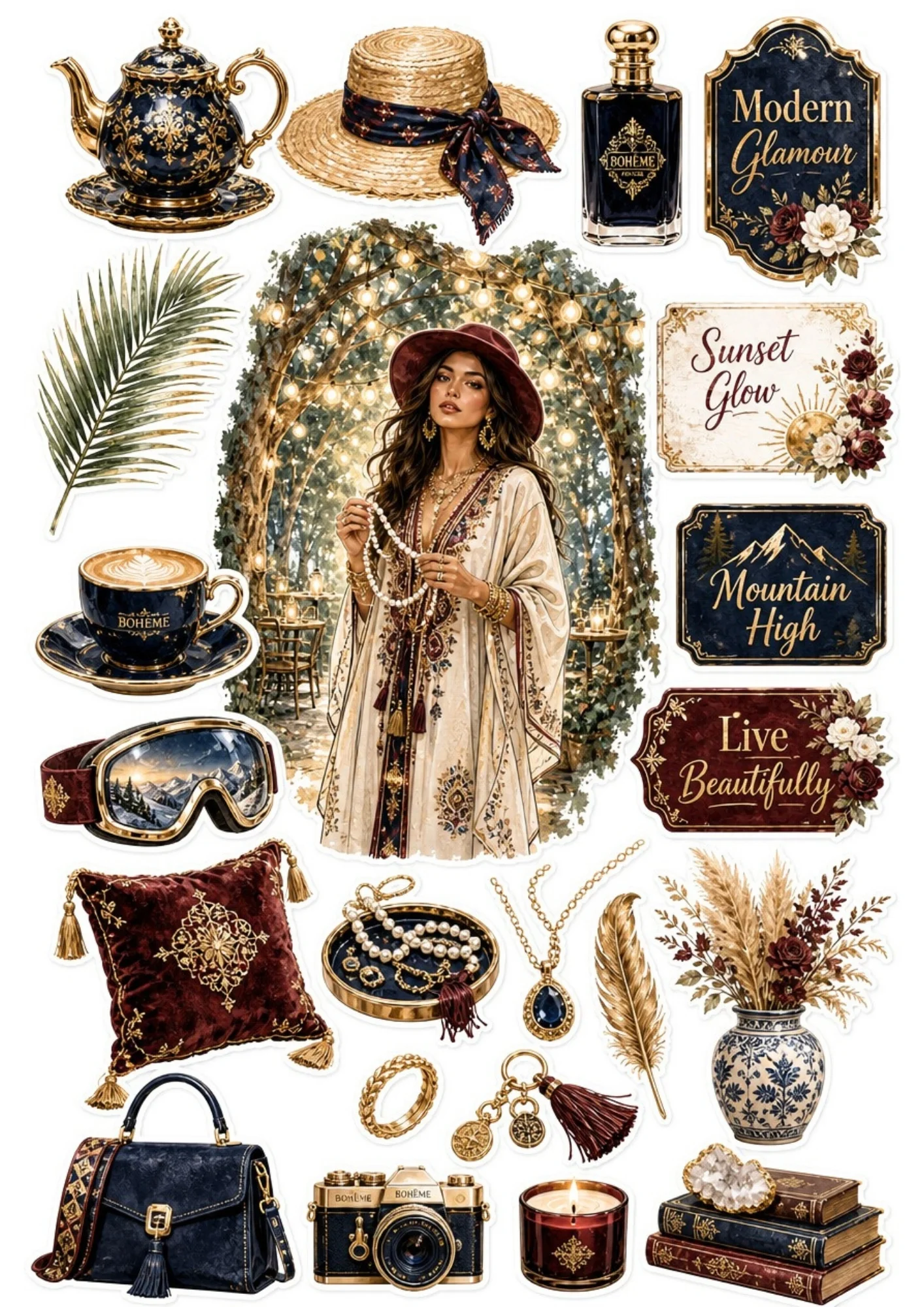 Sticker sheet containing a woman under glowing string lights in a garden patio, surrounded by dark blue tea sets, pampas grass, velvet pillows, and candles.