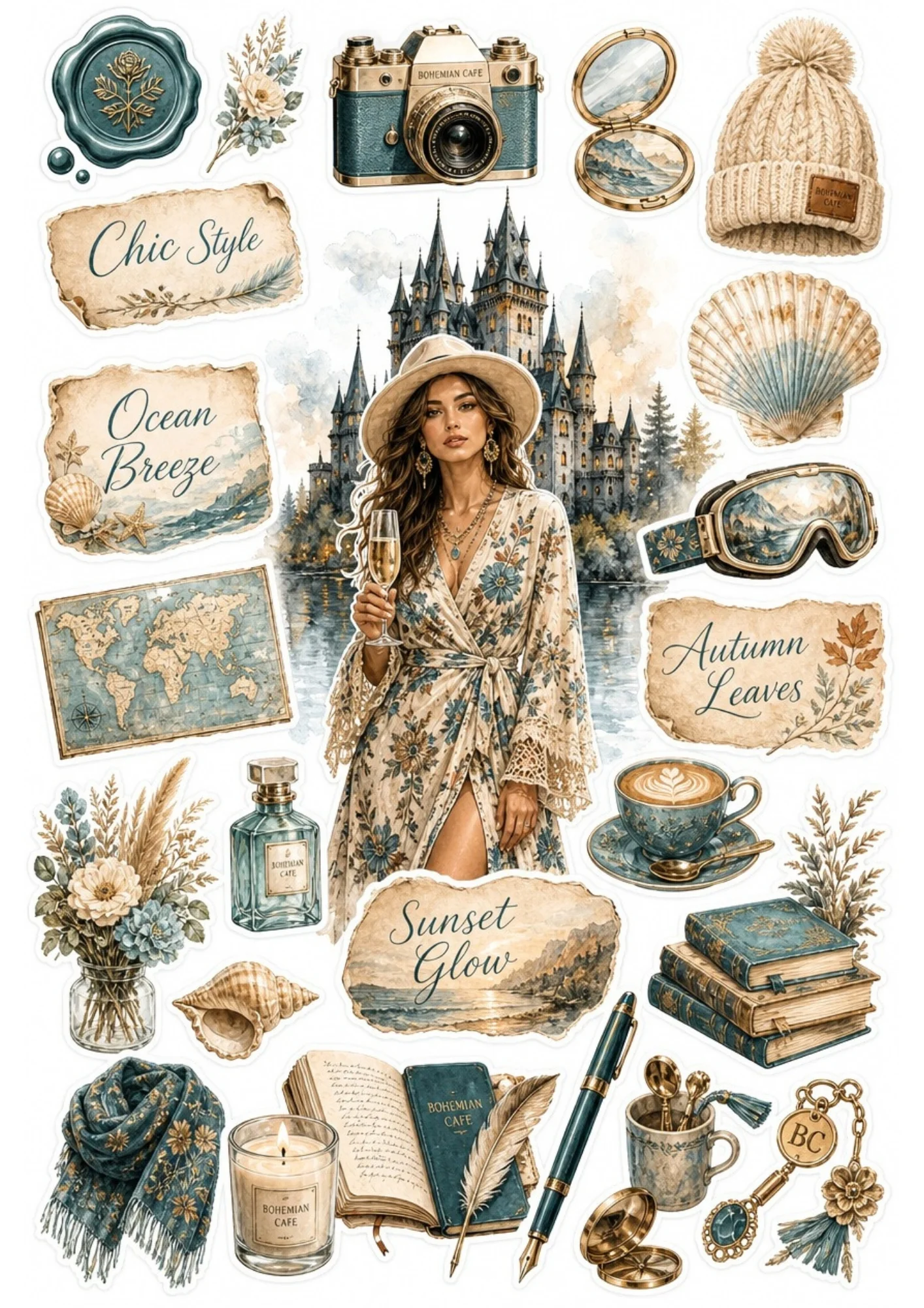 Sticker sheet presenting a woman in a floral dress near a castle lake, accompanied by antique world maps, feather quill journals, cameras, and coffee cups.
