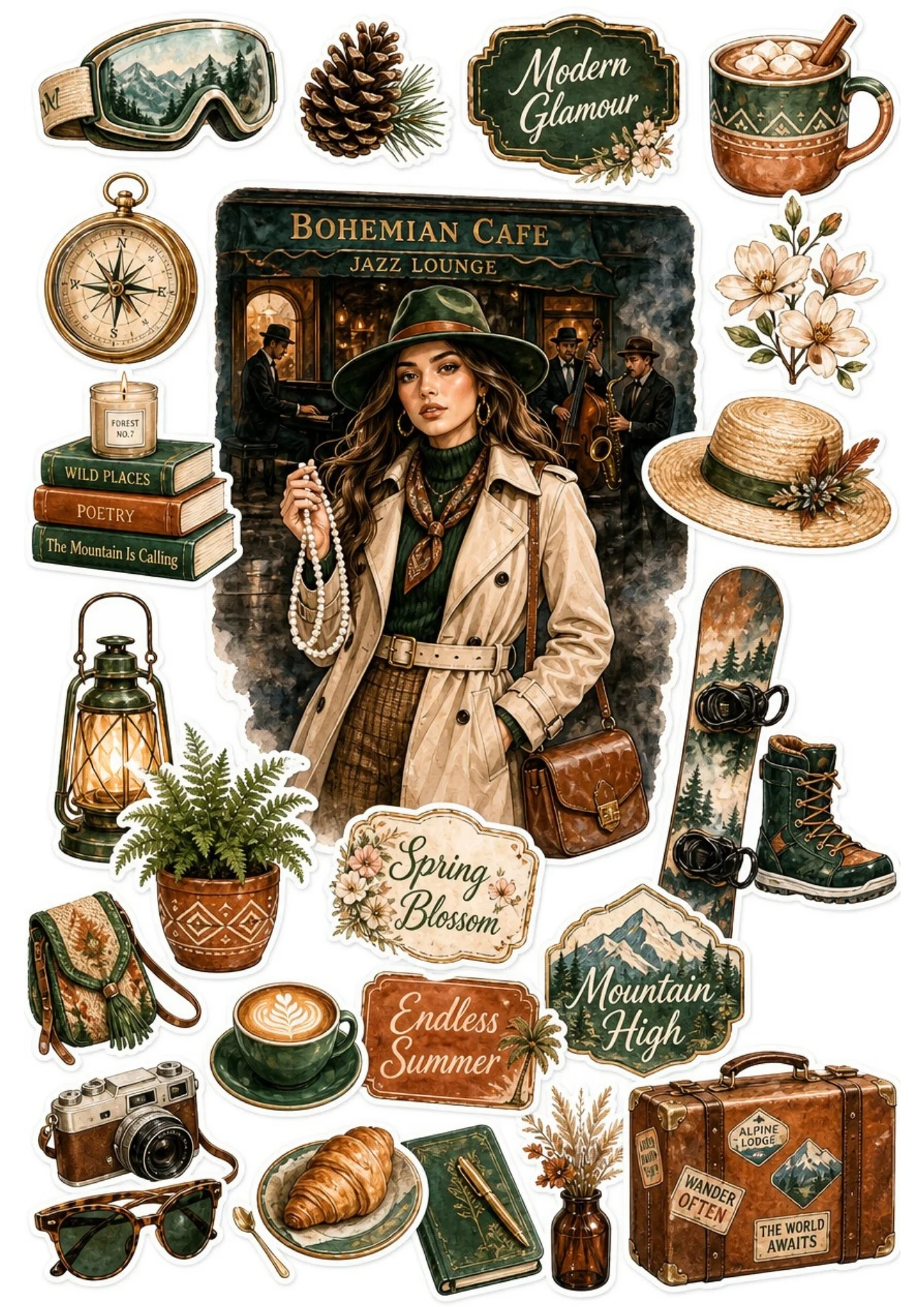 Sticker sheet featuring a woman outside a night jazz lounge, surrounded by snowboards, hot chocolate mugs, leather travel suitcases, and vintage cameras.