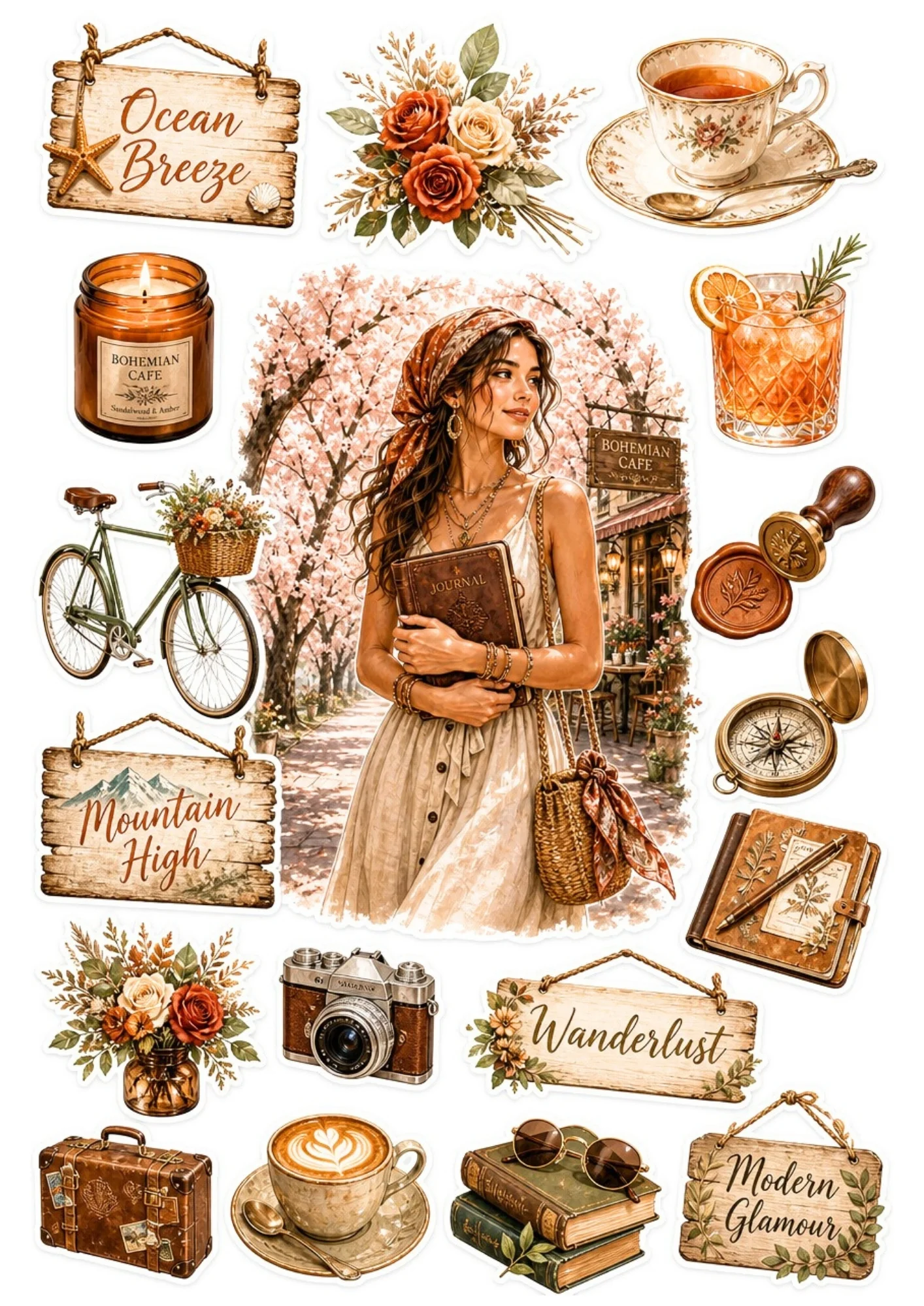 Sticker sheet with a woman holding a leather journal under cherry blossoms, surrounded by warm terracotta coffee cups, vintage cameras, travel signs, and floral arrangements.