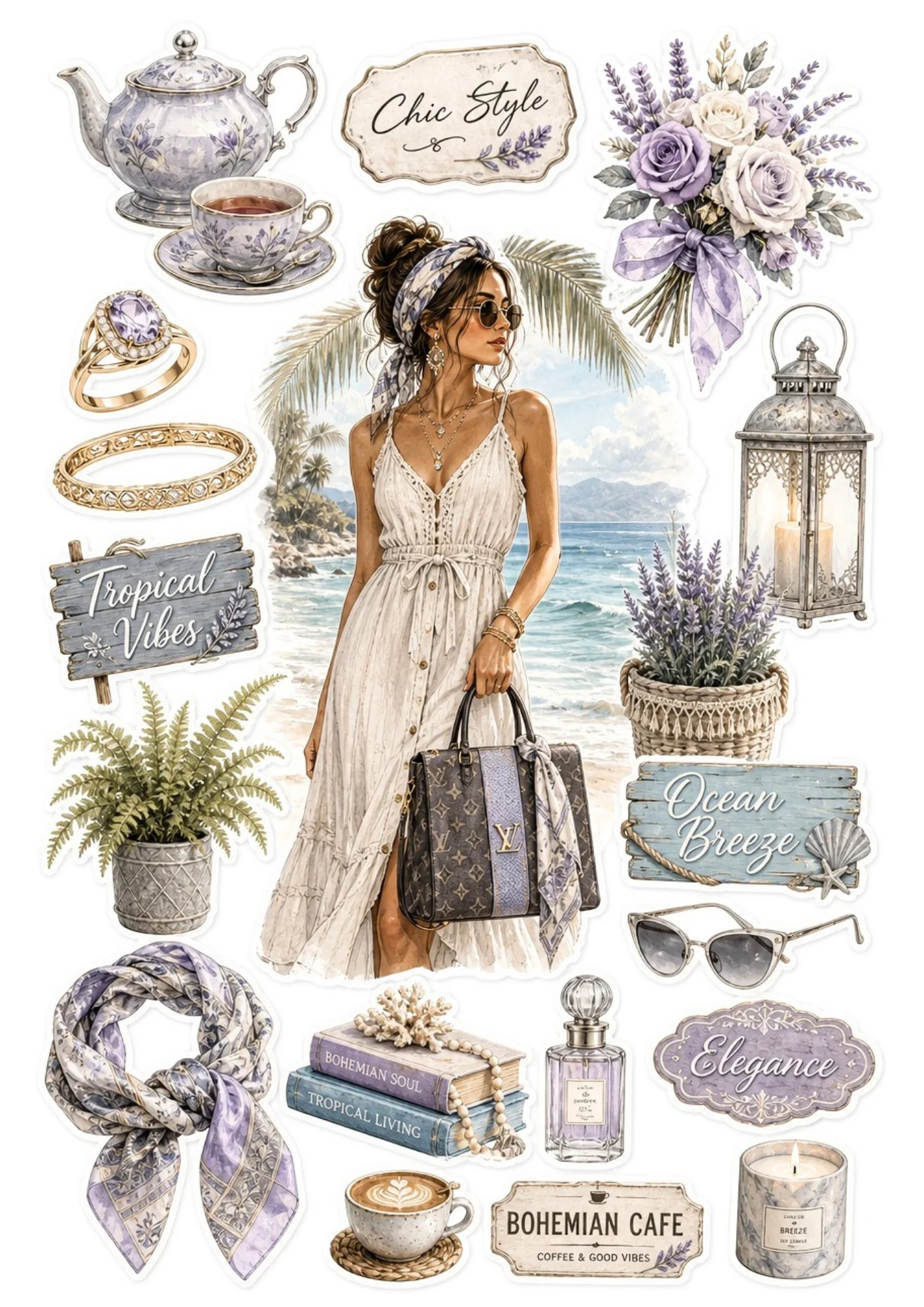Sticker sheet illustrating a woman in a white dress on a coastal beach, accompanied by lavender floral teapots, potted plants, books, and pastel purple accessories.