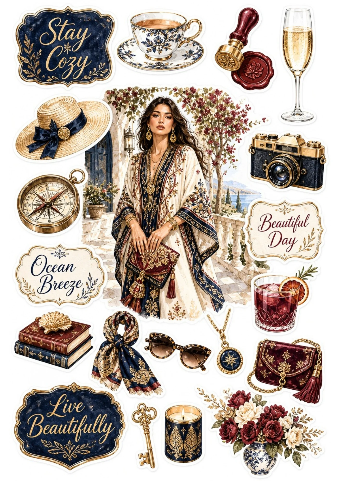 Sticker sheet featuring a woman in a navy patterned kaftan on a balcony terrace, encircled by champagne flutes, straw hats, nautical compasses, and blue porcelain cups.