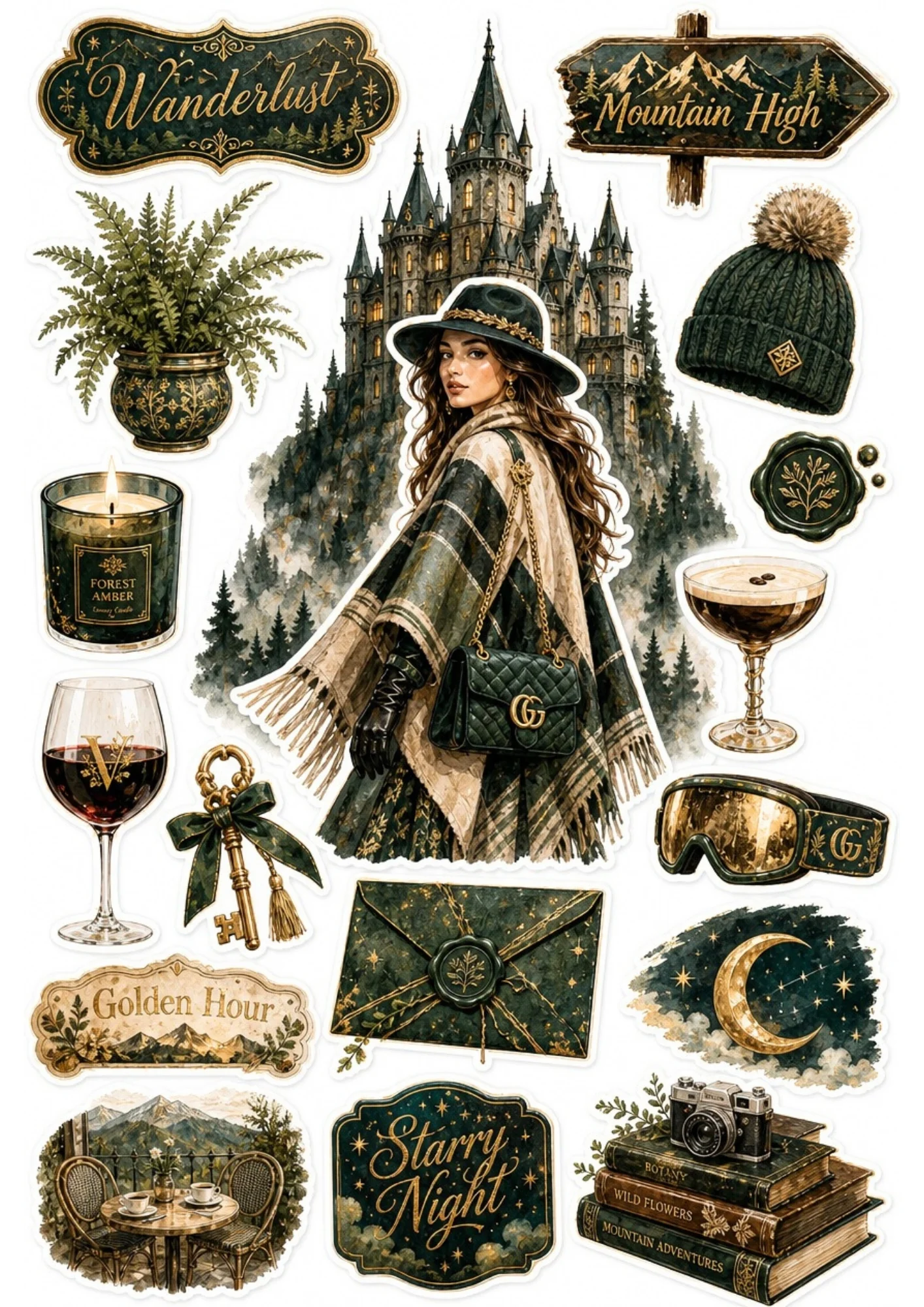 Sticker sheet showcasing a woman in a plaid poncho before a mountain castle, framed by dark green ski goggles, espresso drinks, books, and night sky labels.