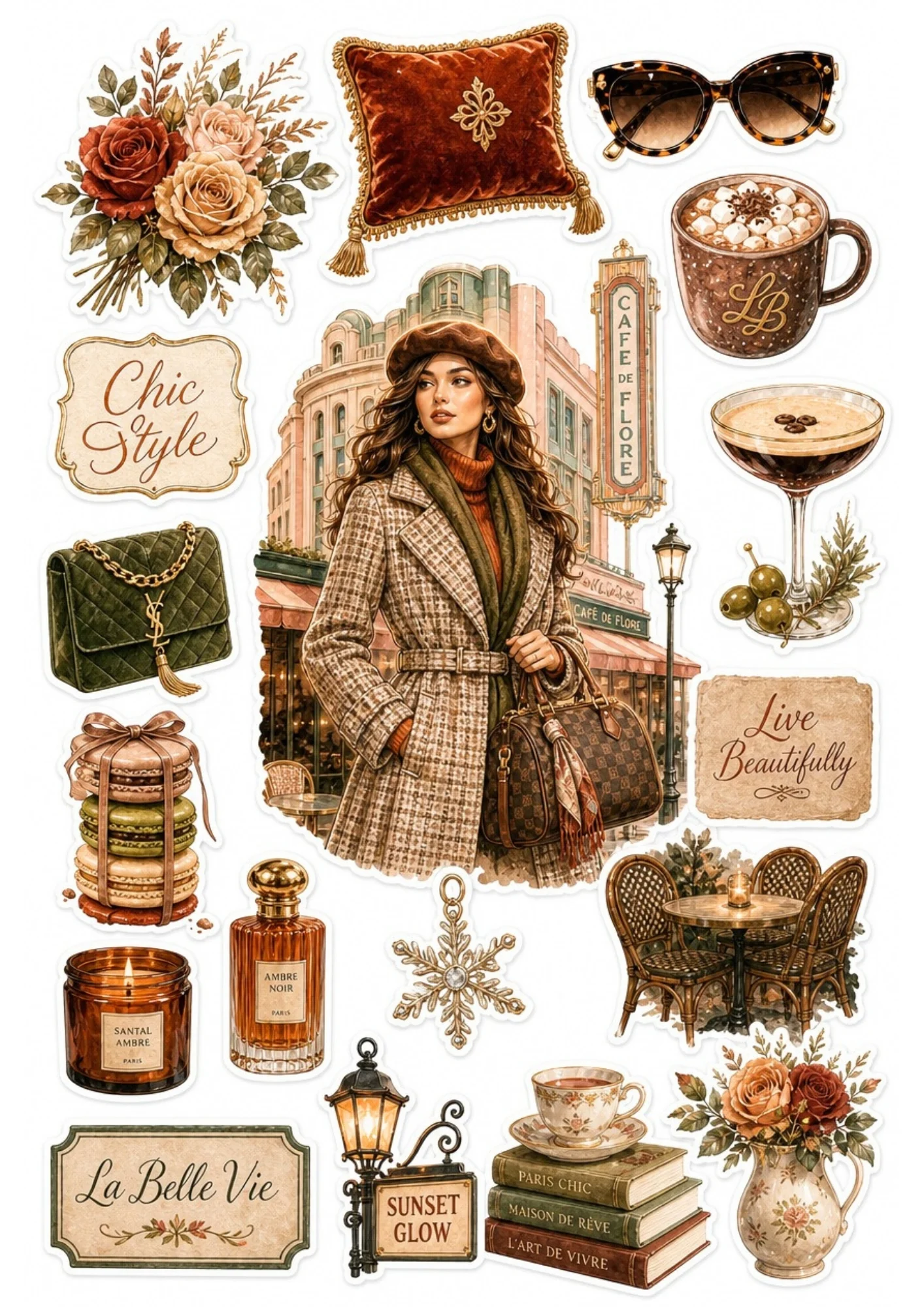 Sticker sheet illustrating a woman in a beret coat near a Parisian bistro, framed by macaron towers, espresso drinks, candle jars, and bistro tables.