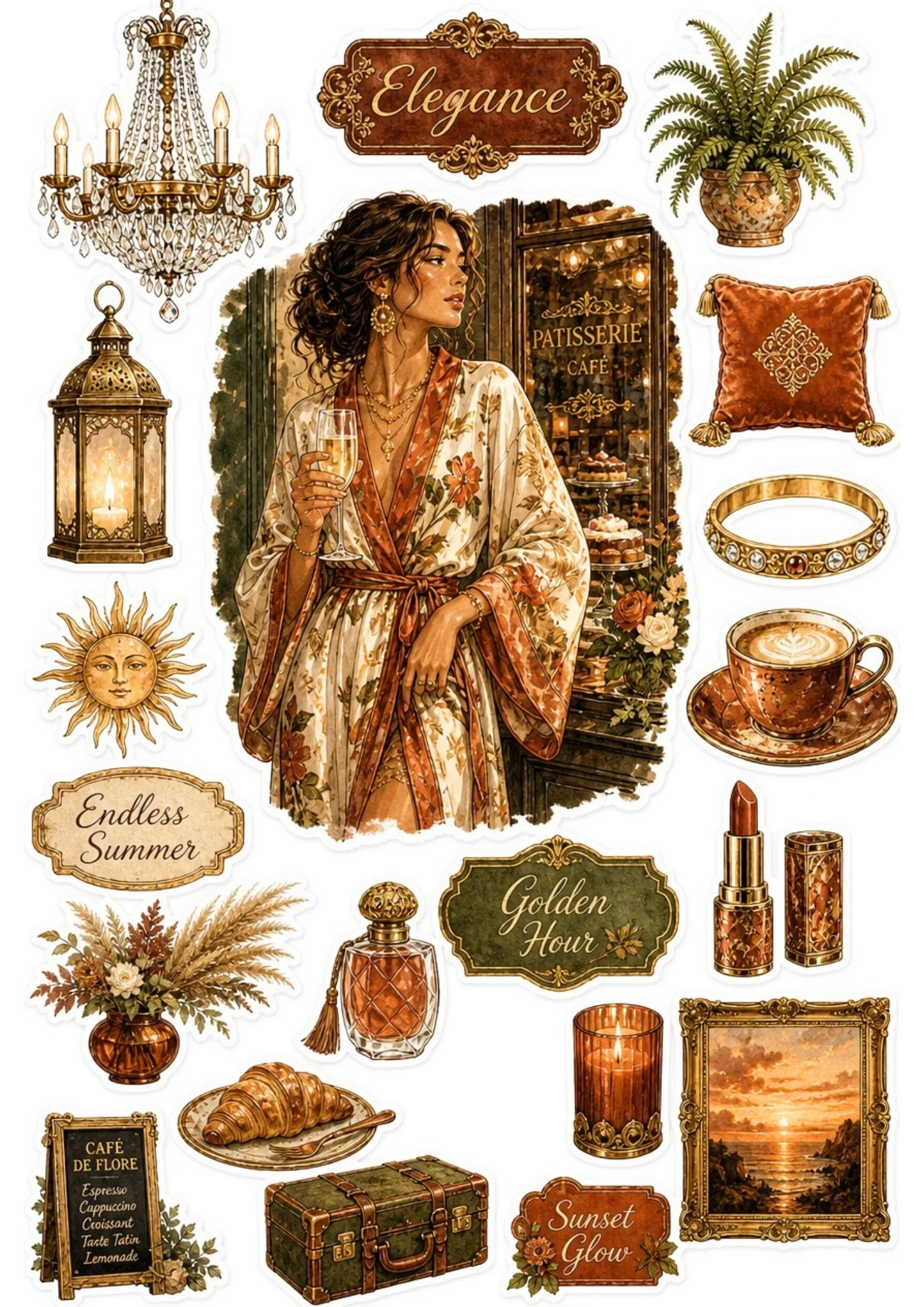 Sticker sheet depicting a woman in a floral silk robe outside a pastry shop, accompanied by chandeliers, framed artwork, coffee cups, croissants, and chalkboards.
