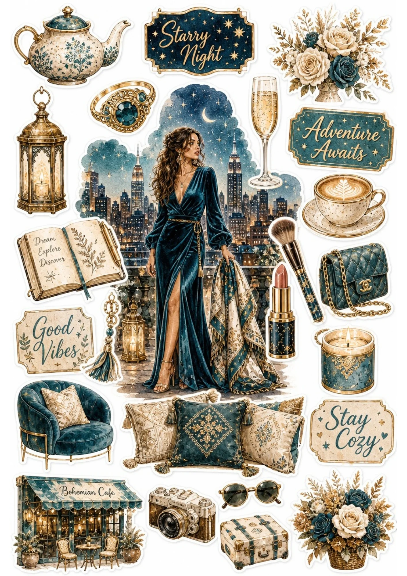 Sticker sheet showing a woman in a teal velvet gown against a city night sky, with cozy armchairs, embroidered cushions, coffee cups, and open journals.