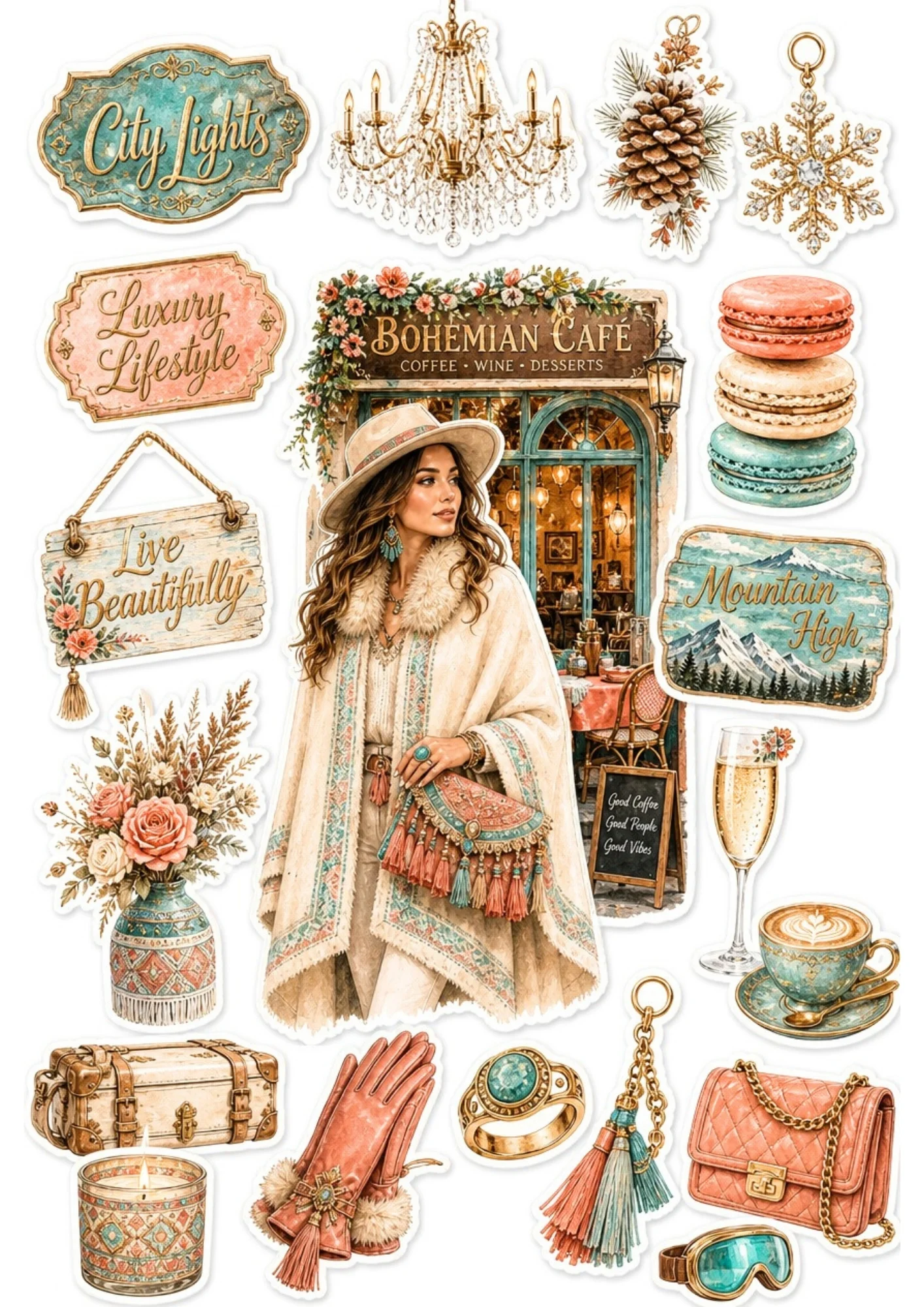 Sticker sheet with a woman in a brimmed hat standing by a cafe storefront, alongside colourful macarons, coffee cups, leather gloves, and chandeliers.