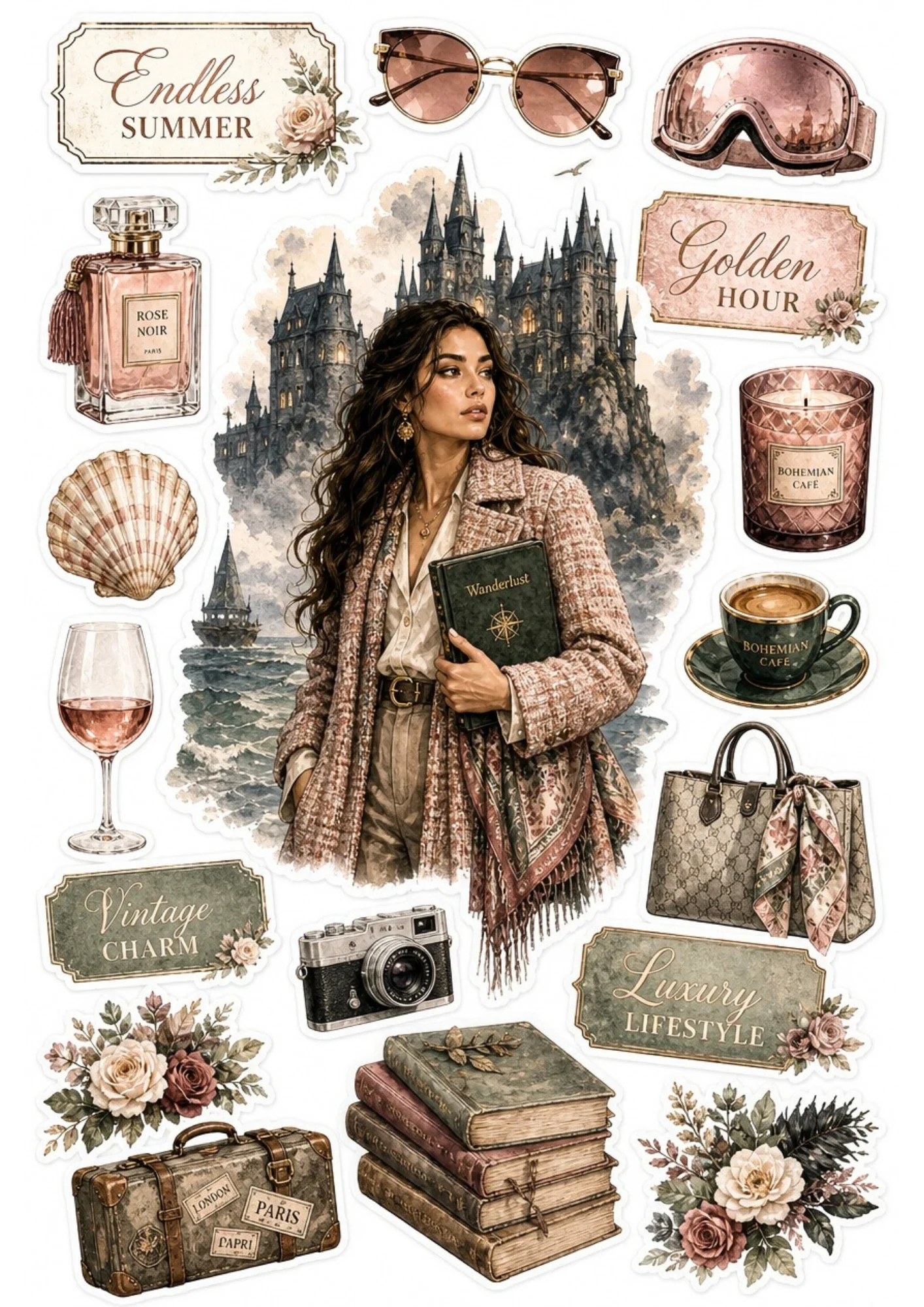 Sticker sheet displaying a woman in a tweed coat with a coastal castle backdrop, surrounded by travel suitcases, rose perfume bottles, and vintage book stacks.