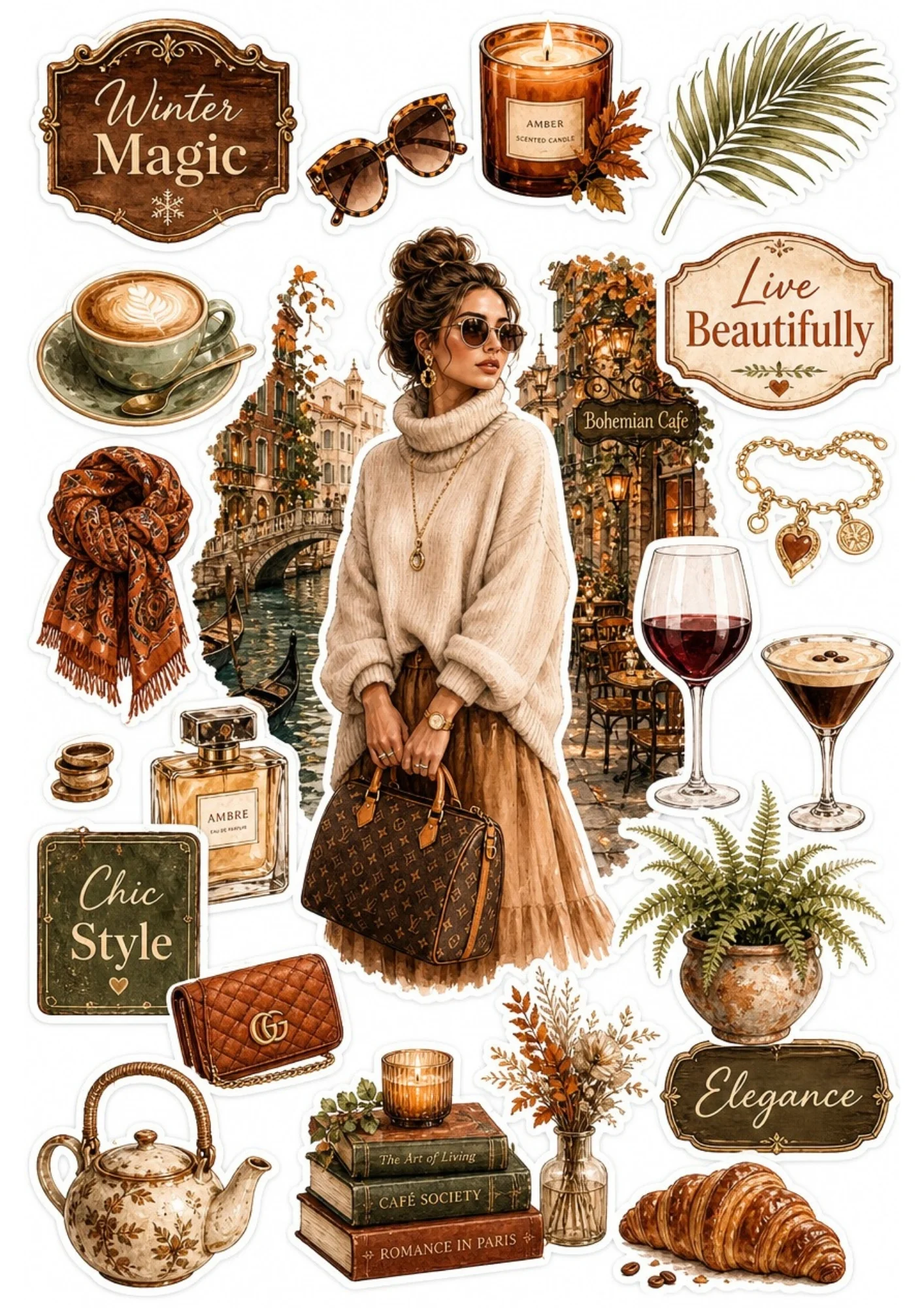 Sticker sheet centered on a woman in a turtleneck sweater along a canal, accompanied by wine glasses, coffee cups, croissants, books, and green potted ferns.