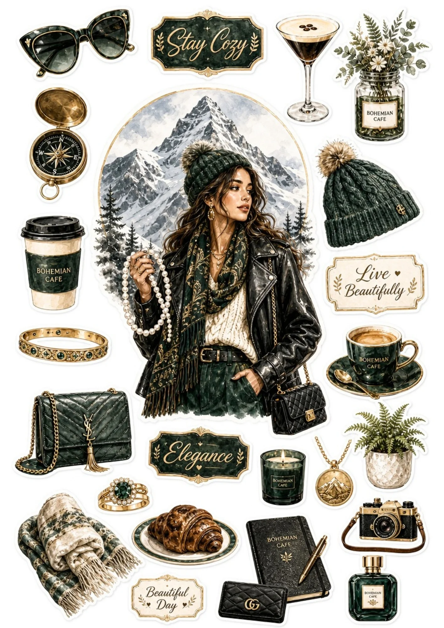 Sticker sheet depicting a woman in a black leather jacket against snowy peaks, along with dark green coffee cups, croissants, cameras, and winter beanies.
