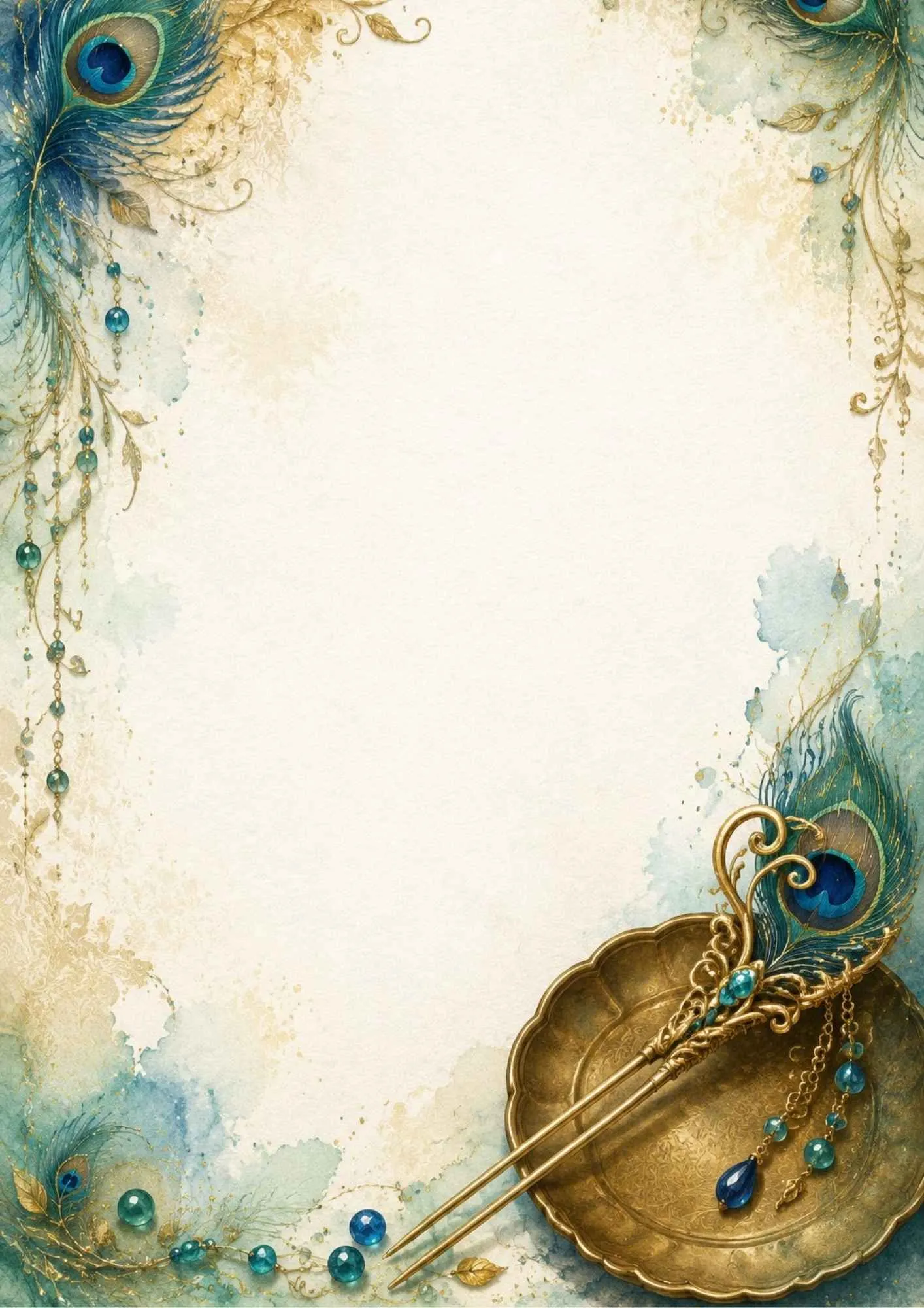 A bohemian writing page featuring a beaded leather hair band with hanging feathers and turquoise beads on wood.