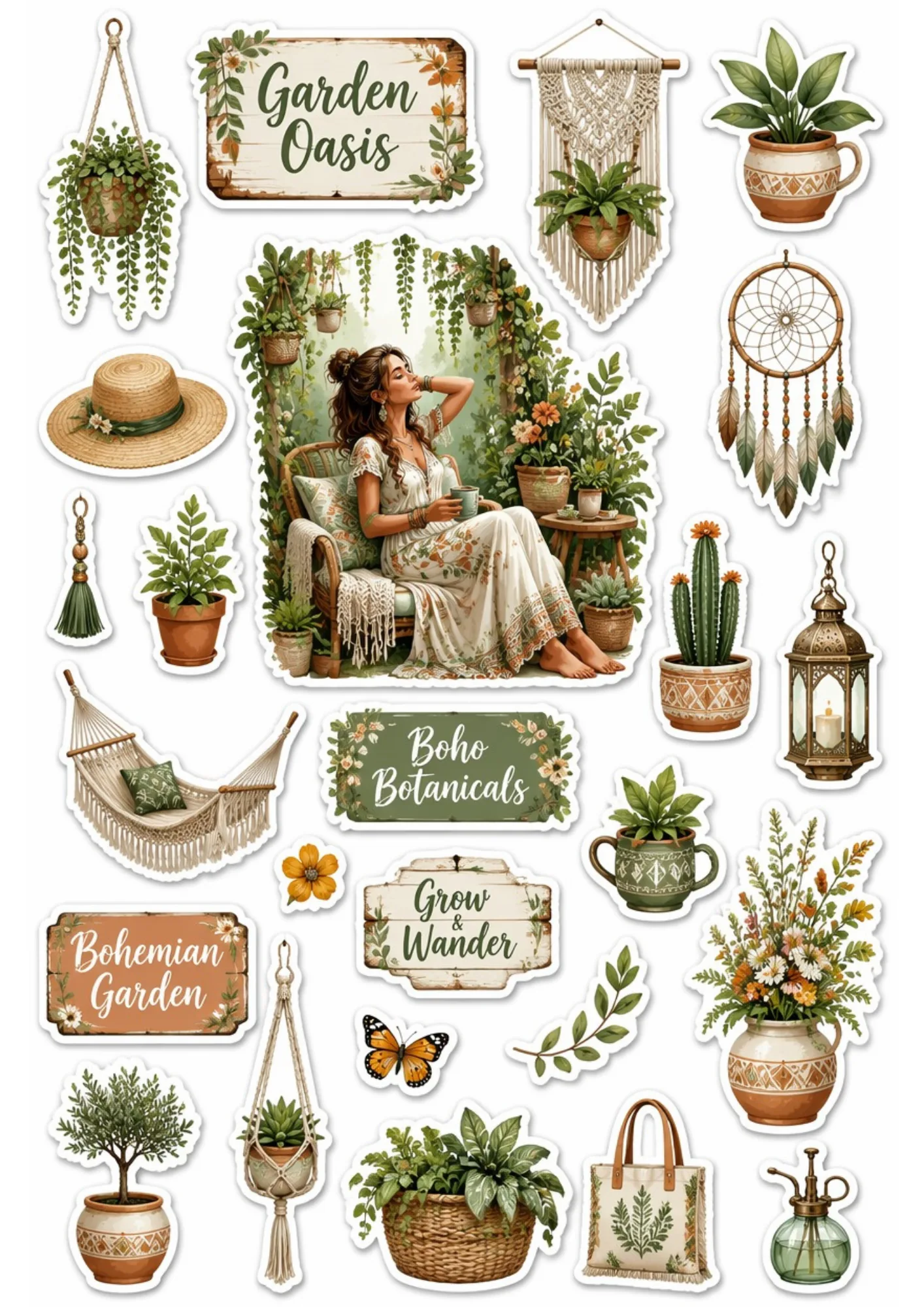 Bohemian garden sticker sheet featuring a relaxing woman surrounded by lush green house plants, macrame plant hangers, hammock, and botanical signs.