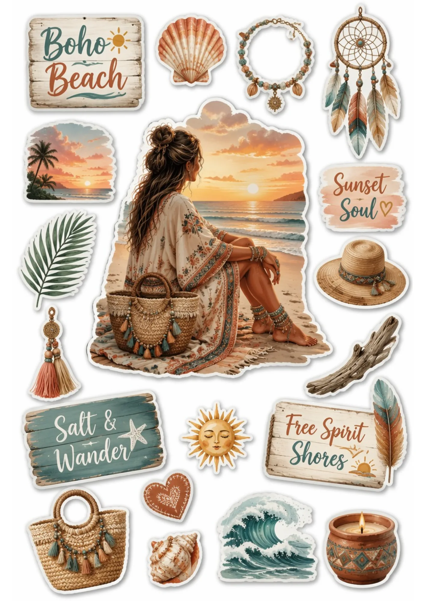 Bohemian beach sunset sticker sheet with central illustration of a woman on the shore surrounded by seashells, dreamcatcher, palm leaf, and beach wooden signs.