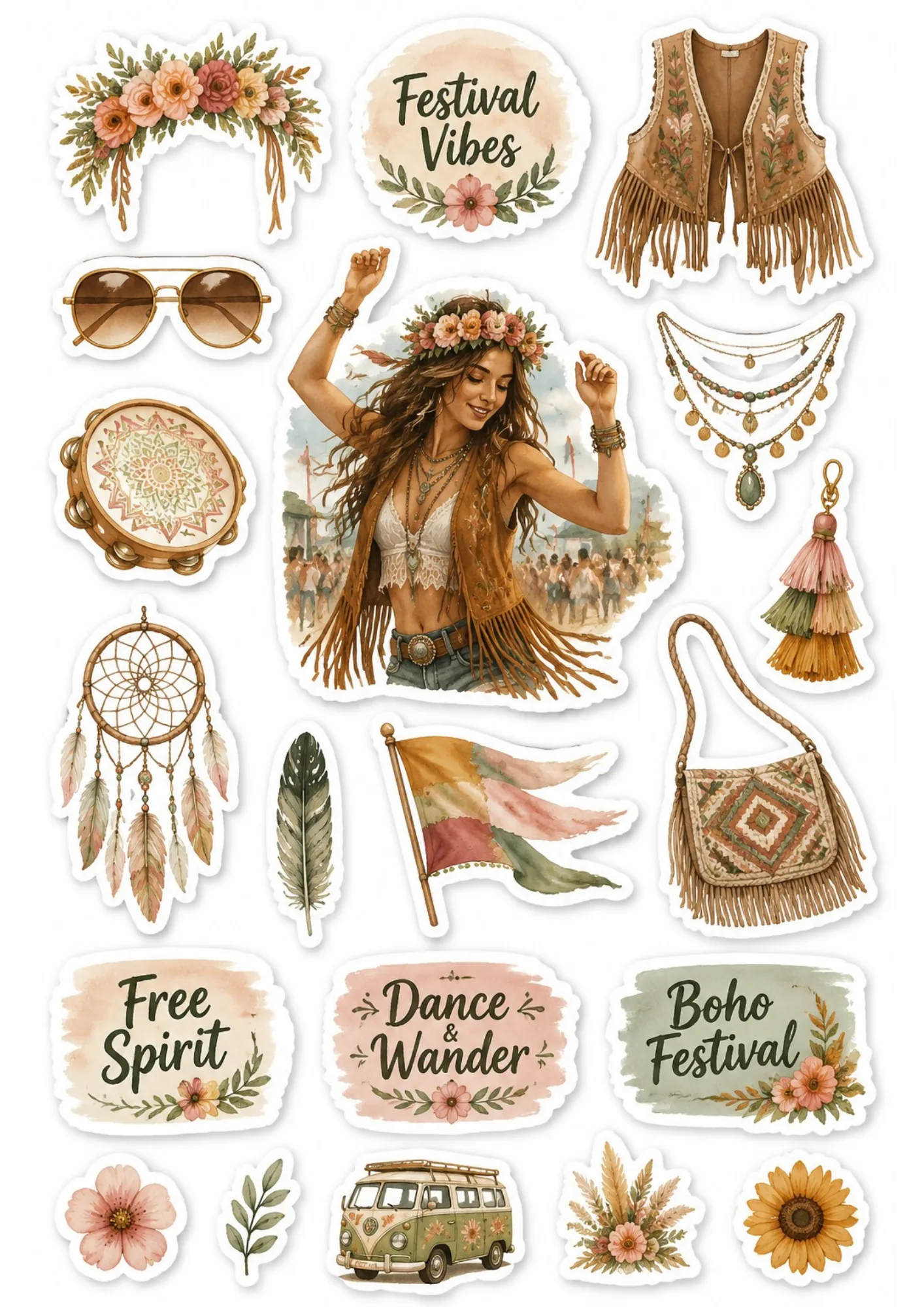 Boho music festival sticker sheet depicting a dancing woman in festival attire surrounded by flower crowns, fringe vest, tambourine, and camper van stickers.