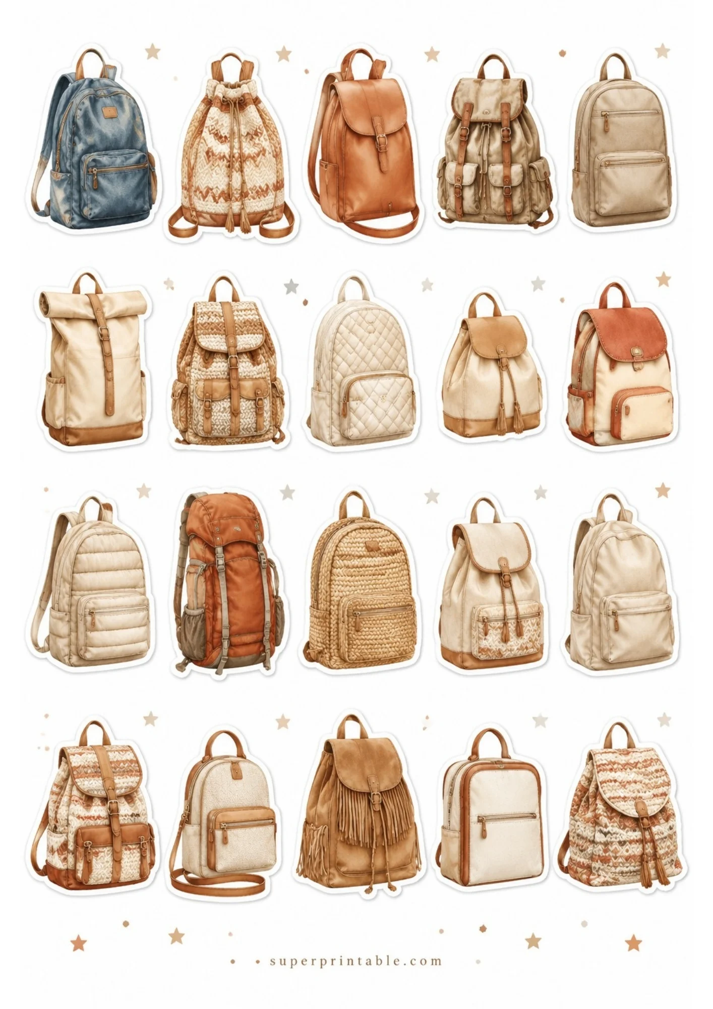 A sheet of printable stickers displaying twenty individual backpacks in bohemian styles with patterns, fringe, and woven elements, decorated with copper stars.