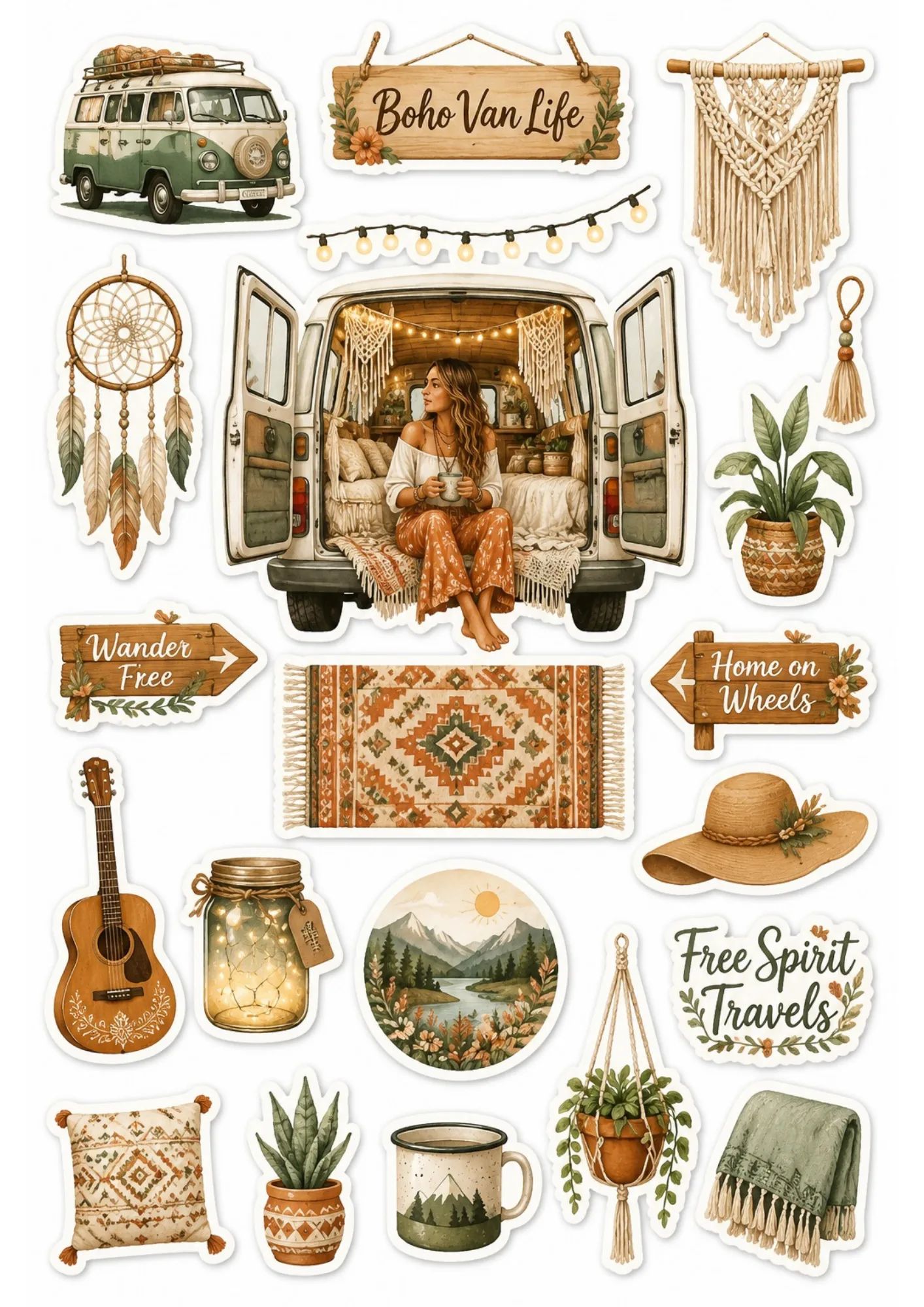 Boho van life sticker sheet with a central illustration of a woman sitting in the back of a cozy camper van surrounded by guitar, mountain landscape, and travel signs.