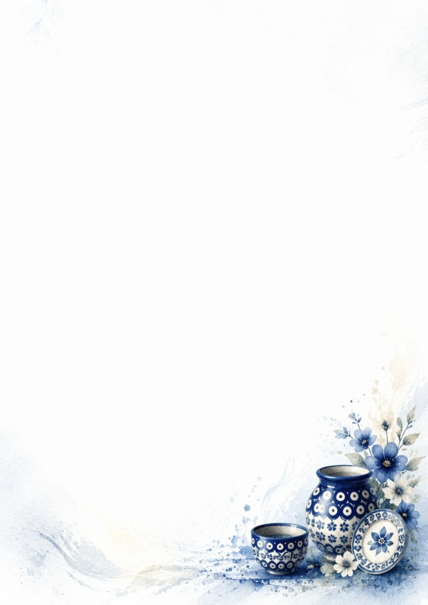 Watercolor painting of Boleslawiec ceramics including a blue and white peacock eye pitcher, cup, and small plate with blue flowers on a blank page.