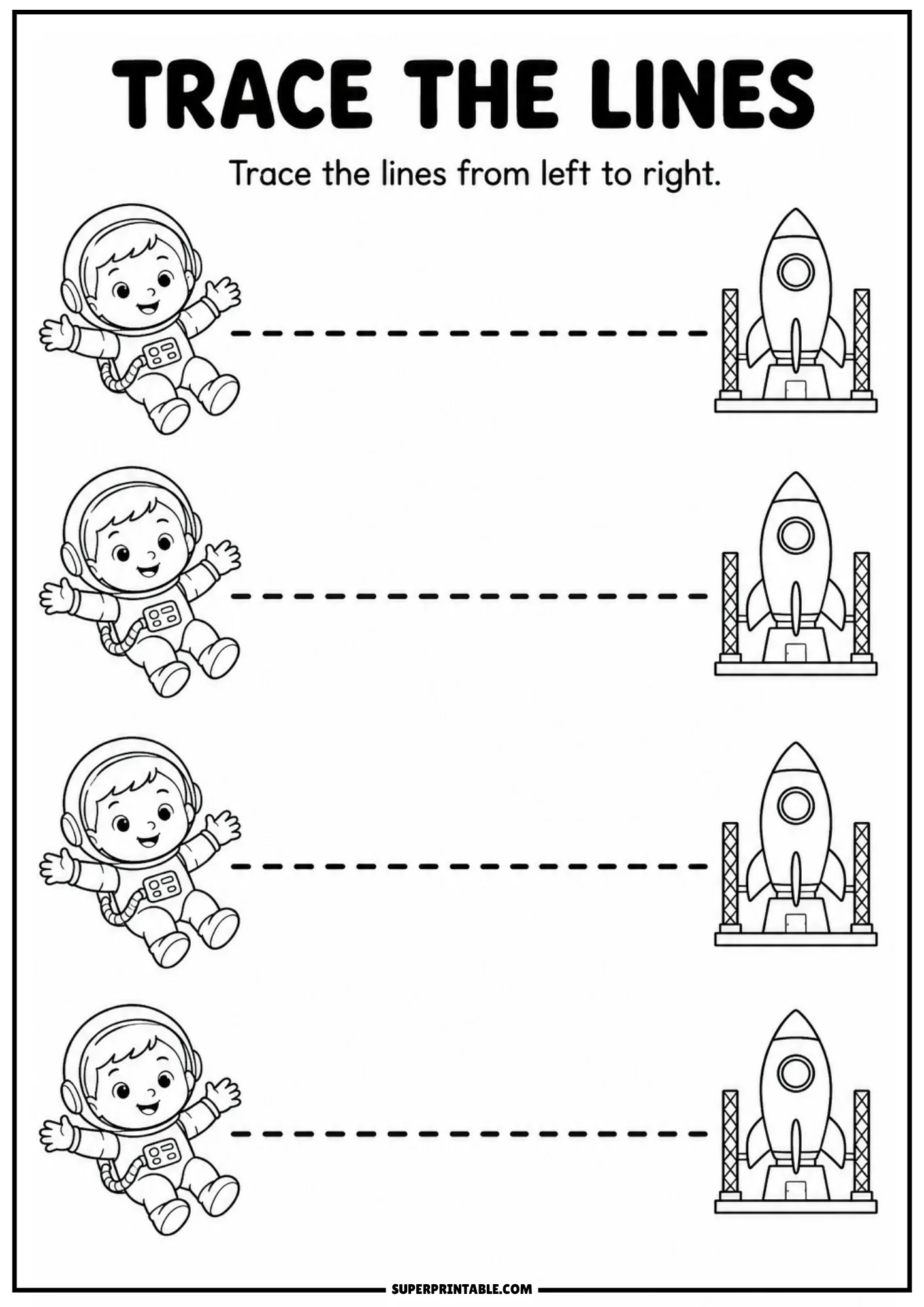 Worksheet with four boy astronauts and horizontal dashed lines leading to rocket ships for line tracing.