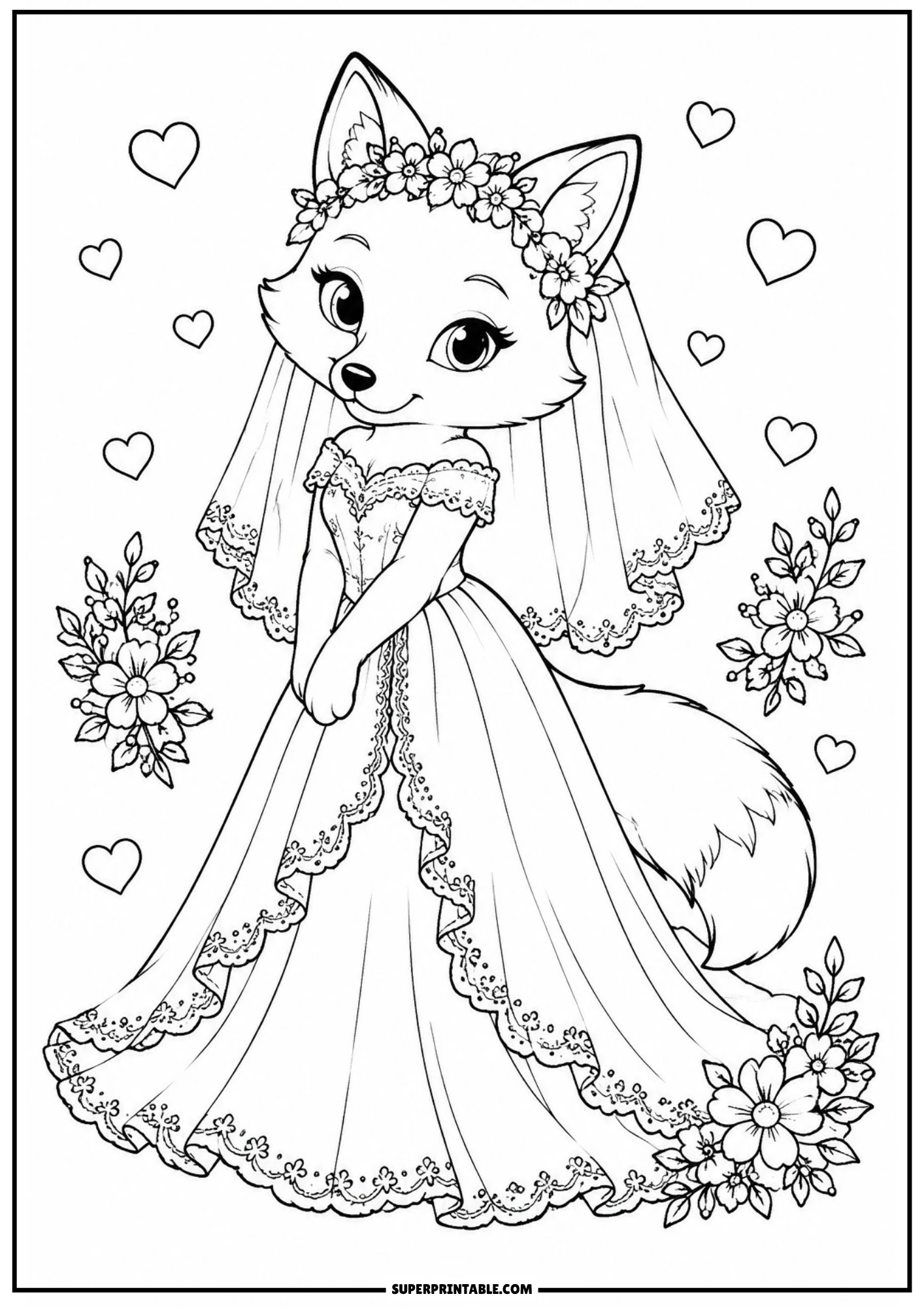 A vintage style coloring page of a cute fox dressed as a bride in a wedding gown with lace trim, wearing a flower crown and a wedding veil, with hearts and floral arrangements around her.