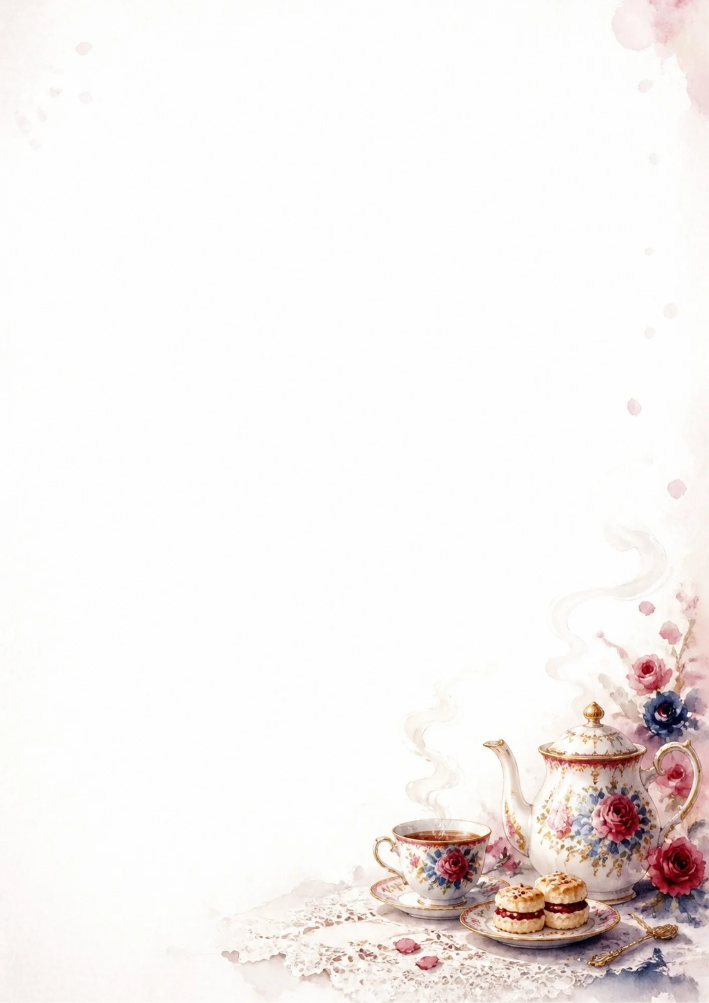 A watercolor illustration of a classic British afternoon tea set including a floral porcelain teapot, a steaming teacup, and a plate of scones with jam and cream on a white lace doily surrounded by roses.