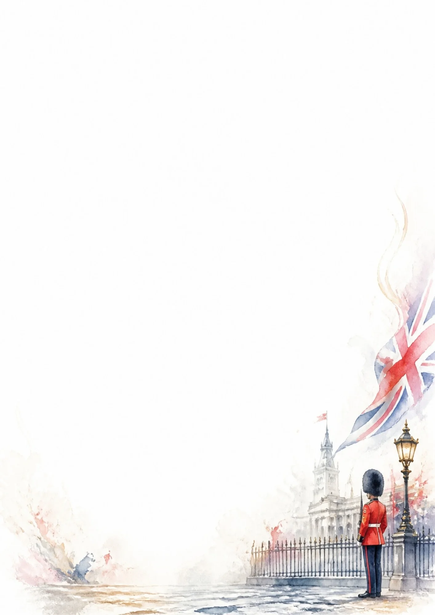 A watercolor painting of a British King's Guard in red uniform and bearskin hat standing near a black fence and a streetlamp, with a large Union Jack flag and a historic London building in the background.