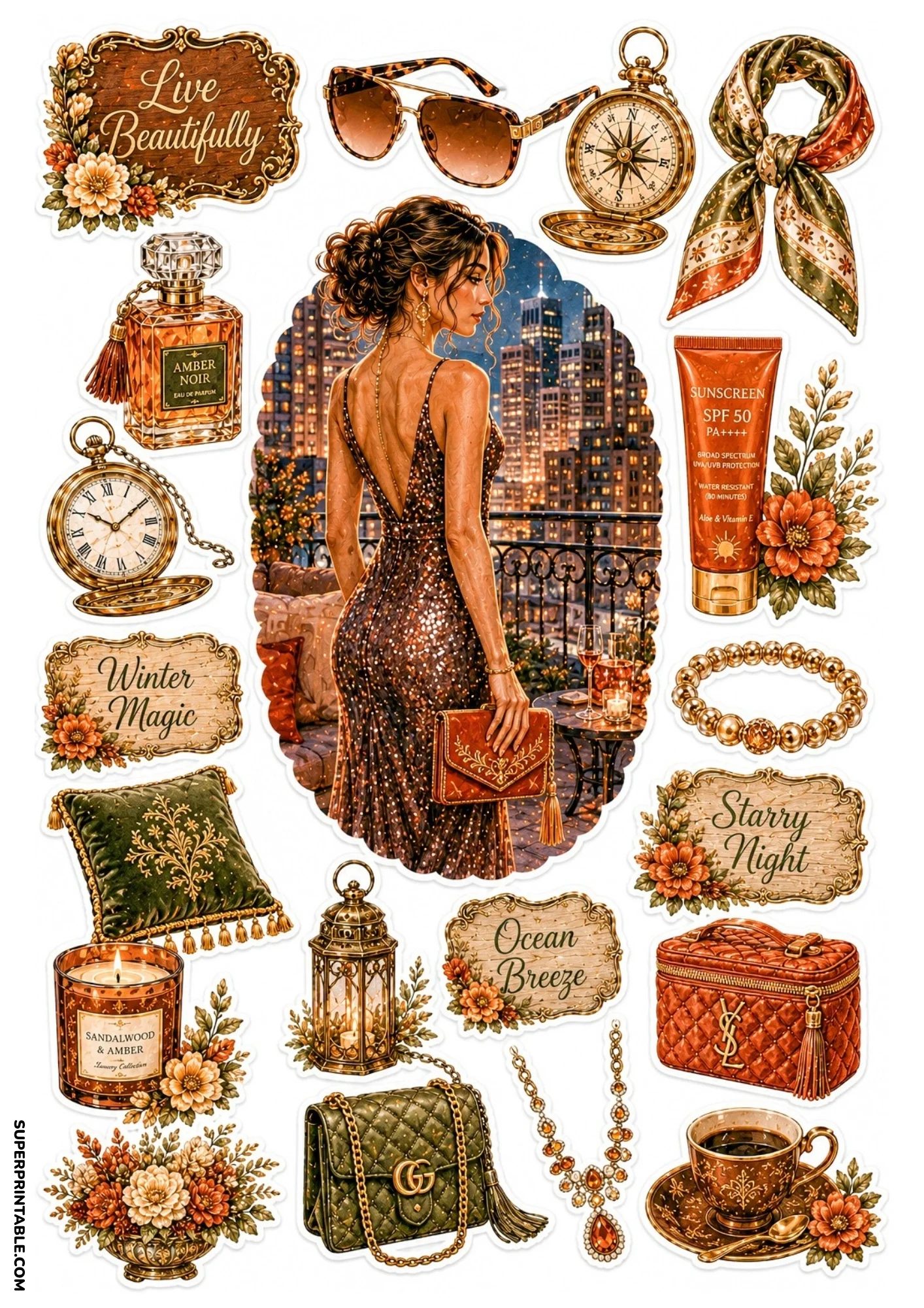Printable sticker sheet displaying a woman in a shimmering bronze backless dress overlooking a night city, accompanied by sunscreen lotion, gold jewelry, amber perfume, and quilted leather bags.