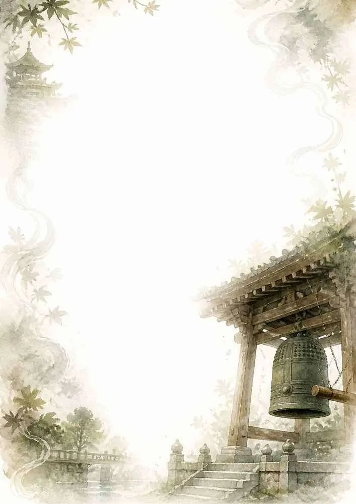 Watercolor border page depicting a large bronze bell in a wooden temple tower near a stone bridge under green maple leaves.