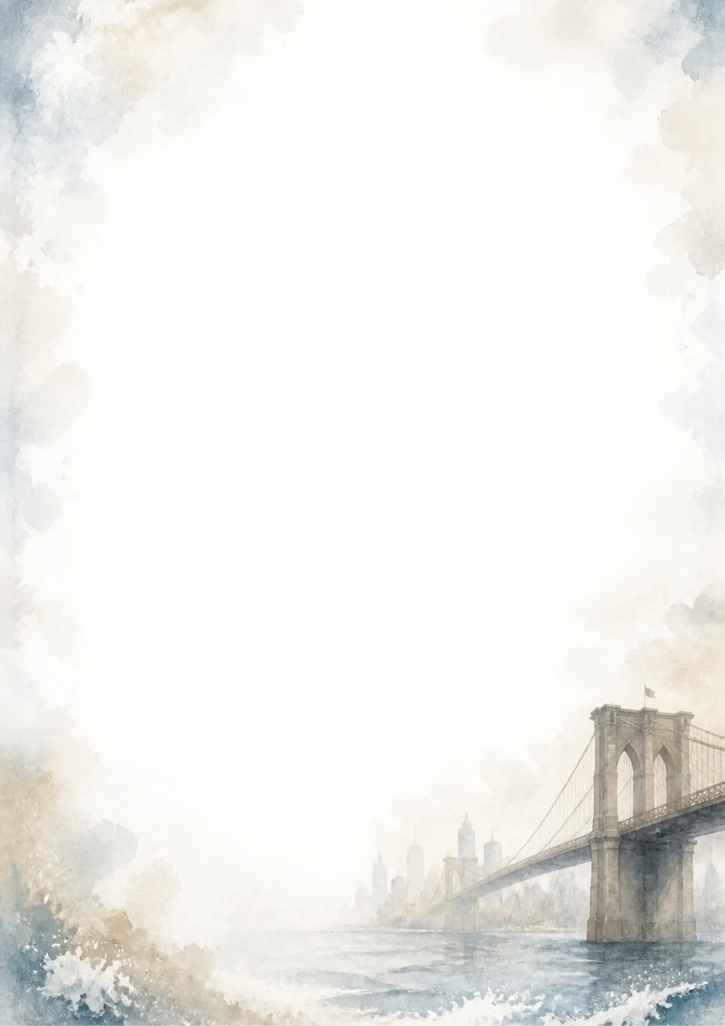 Watercolor border writing page showing the Brooklyn Bridge with the American flag over the East River, with a misty city skyline.