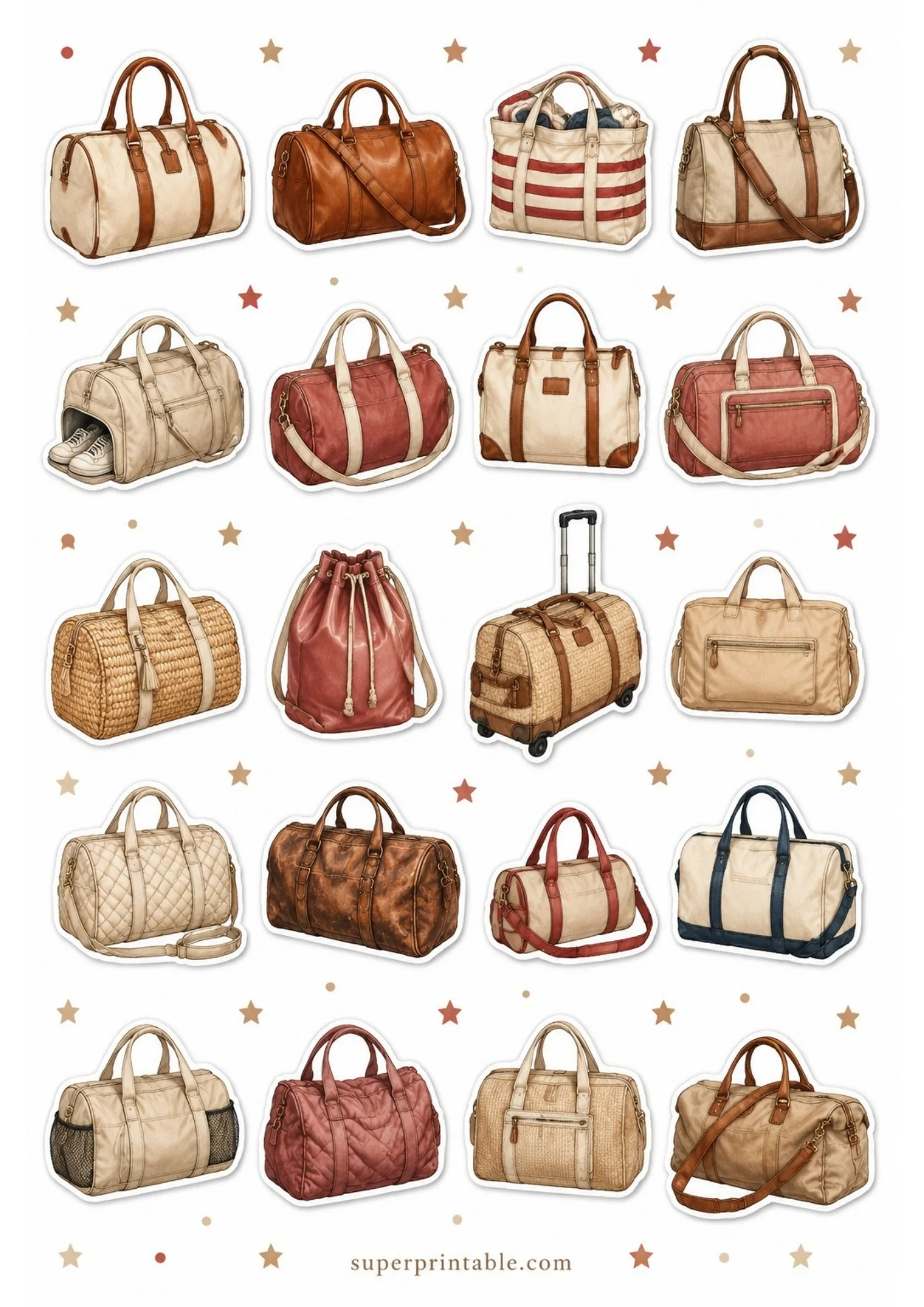 A sheet of 20 sticker designs featuring duffle bags and rolling suitcases in warm brown leather, cream canvas, and red accents.