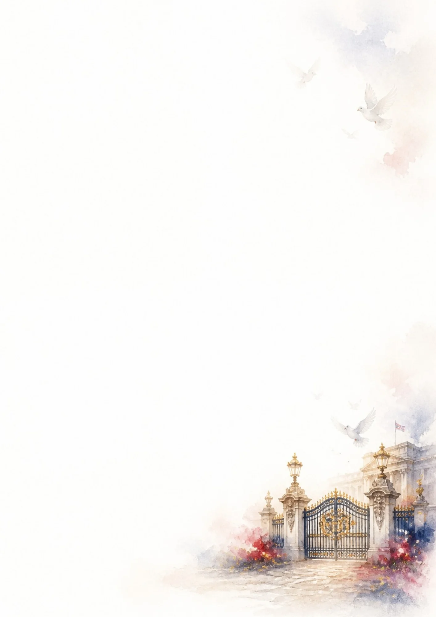 A watercolor painting of the gilded black iron gates of Buckingham Palace with white stone pillars, lanterns, white doves flying, and the palace building in the soft background.