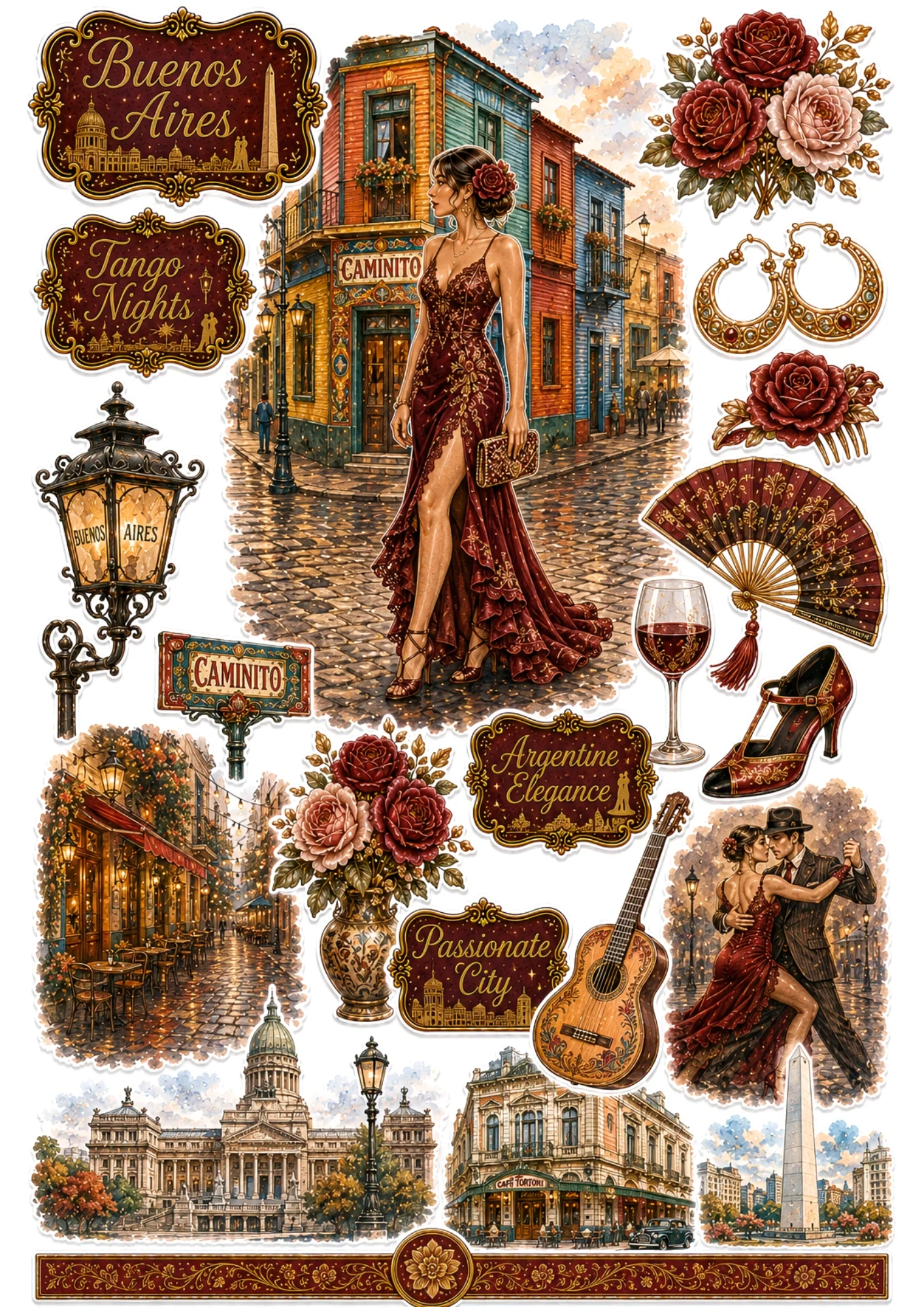 Buenos Aires sticker sheet showing a tango dancer woman in a slit dress at colorful Caminito in La Boca, Malbec wine, and Obelisco.