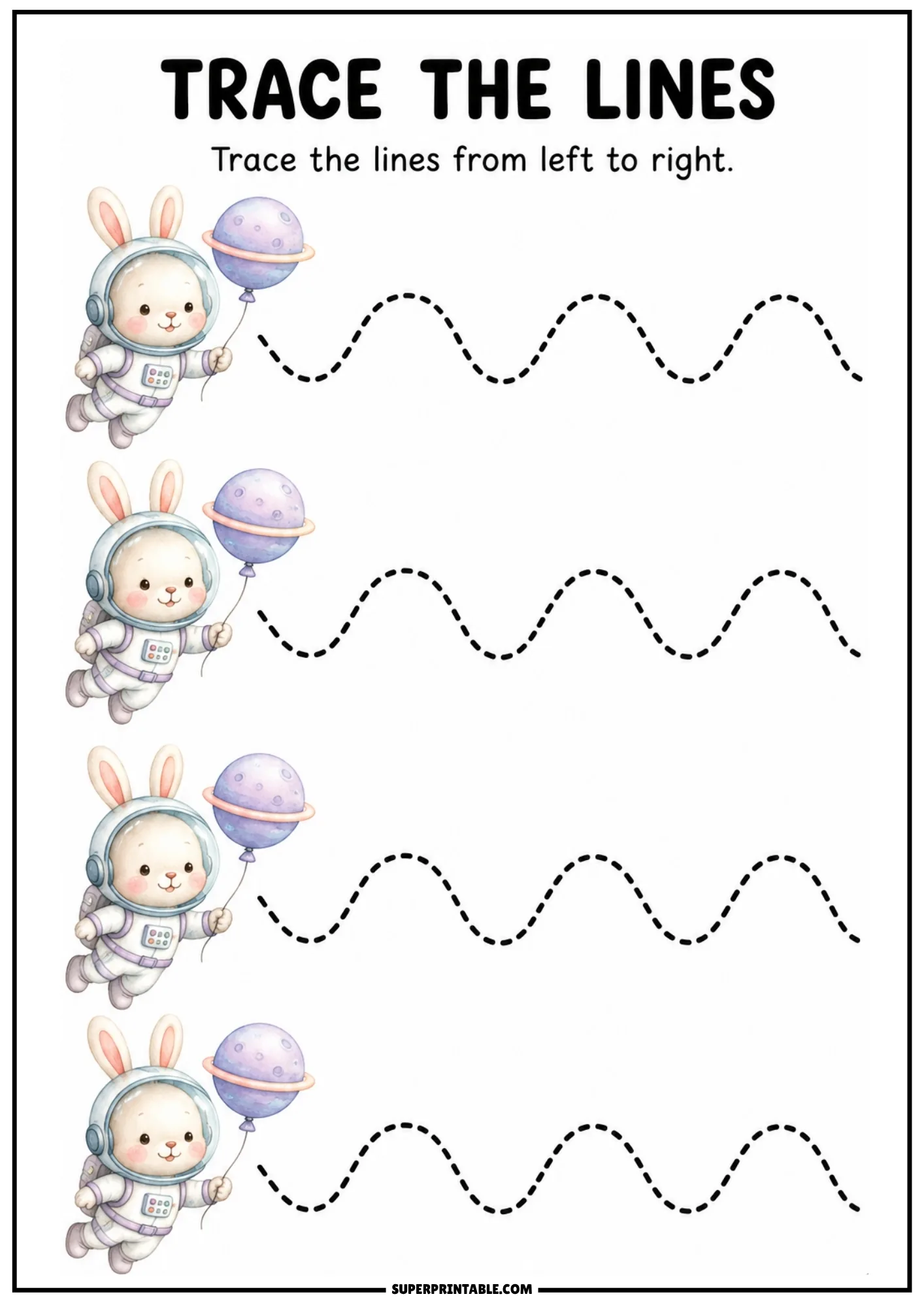 Color tracing worksheet with adorable bunny astronauts holding planet balloons beside smooth wavy lines.