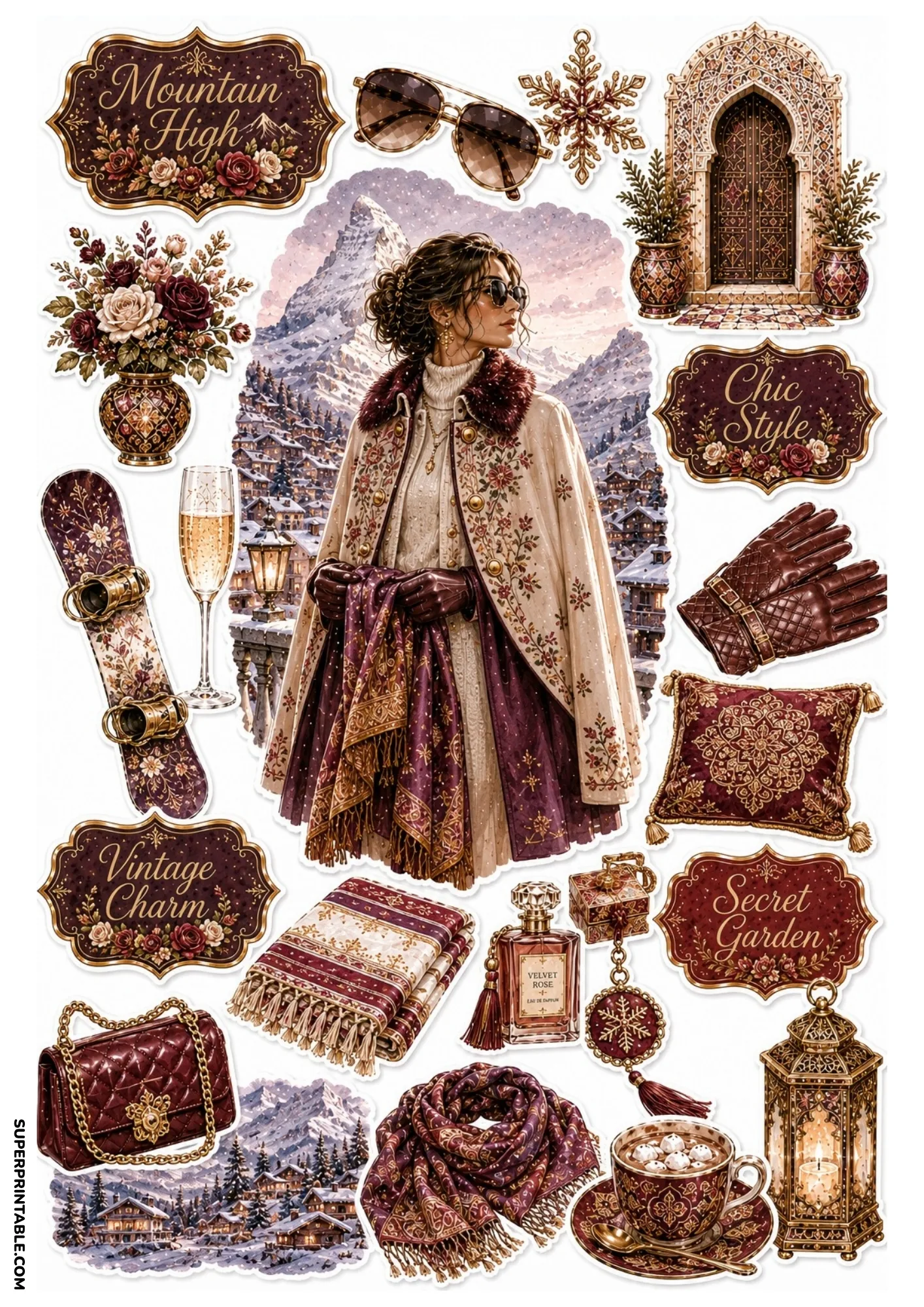 Burgundy alpine sticker sheet featuring a cape coat traveler, floral snowboard, velvet rose perfume, and snowy village landscape.