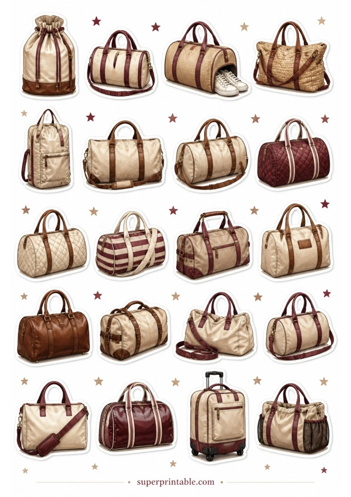 A sheet of 20 stickers featuring duffle bags and suitcases in deep burgundy, maroon, and cream canvas.