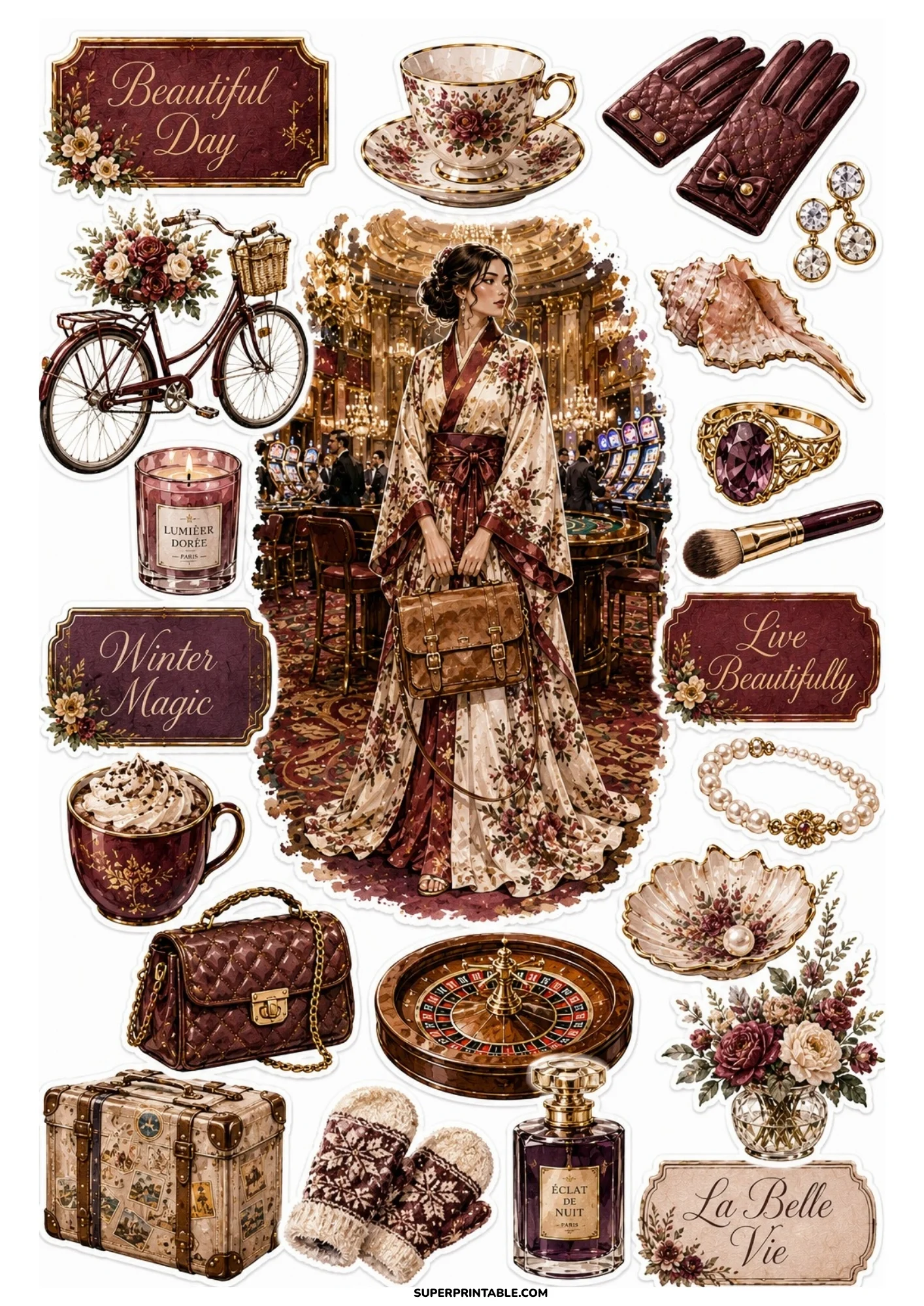 A printable sticker sheet showing a woman in a floral kimono in a casino hall, accompanied by a roulette wheel, burgundy purse, bicycle, and teacup.